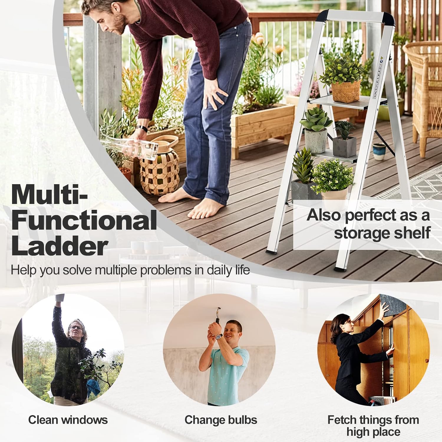 Escabeau Pliable à 3 Marches 62x44x109 cm, Échelle Pliante avec Cadre en Aluminium Robuste et Léger, Marches et Pieds Antidérapants - 5