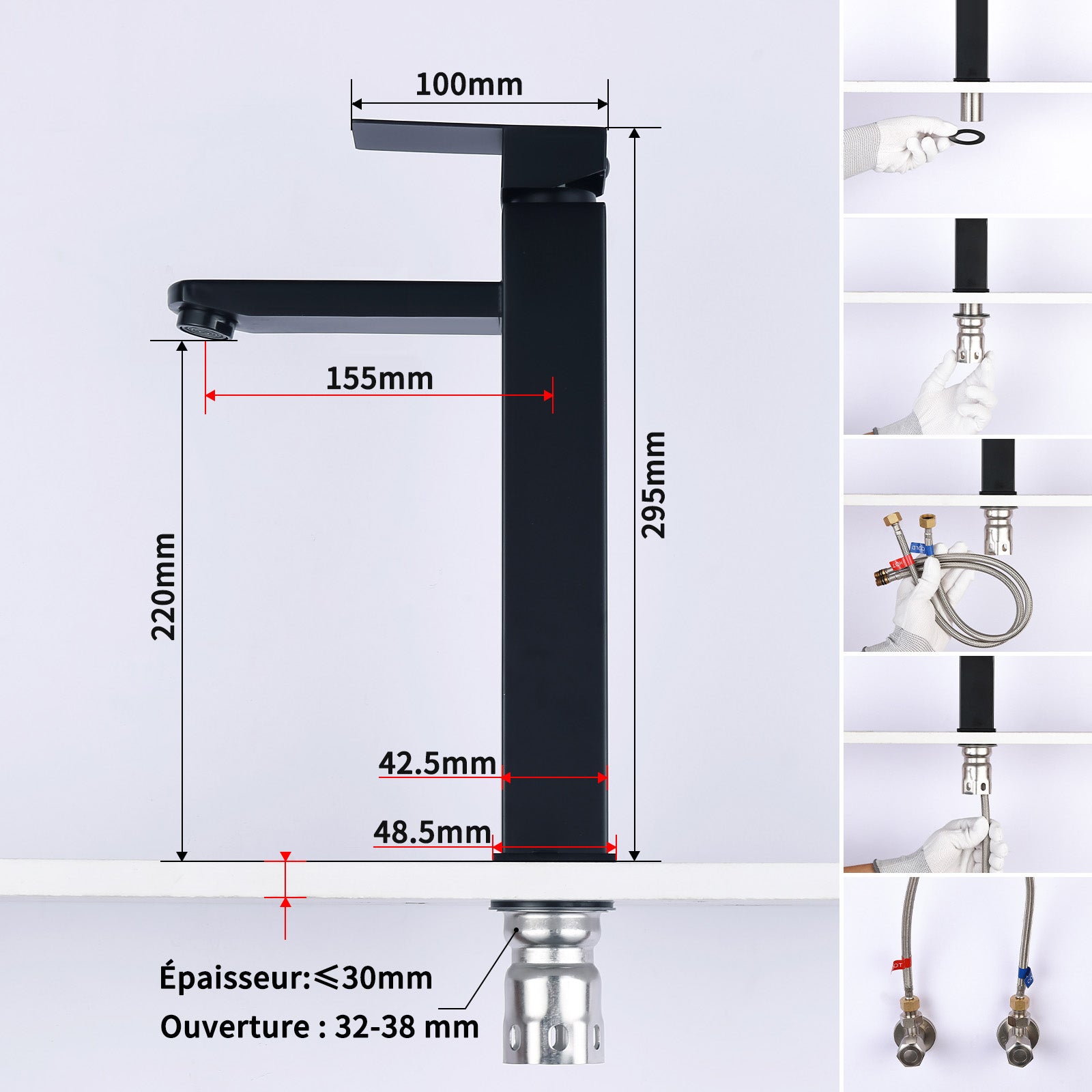 Mitigeur Salle de Bain Noir avec Bec Haut Robinet de Lavabo Pour Vasque à Poser Robinetterie Lavabo avec Poignée Carré en Inox - 7