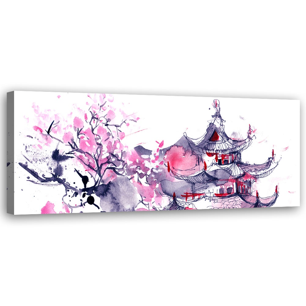 Obraz na płótnie, Japońskia Pagoda Akwarela 120x40