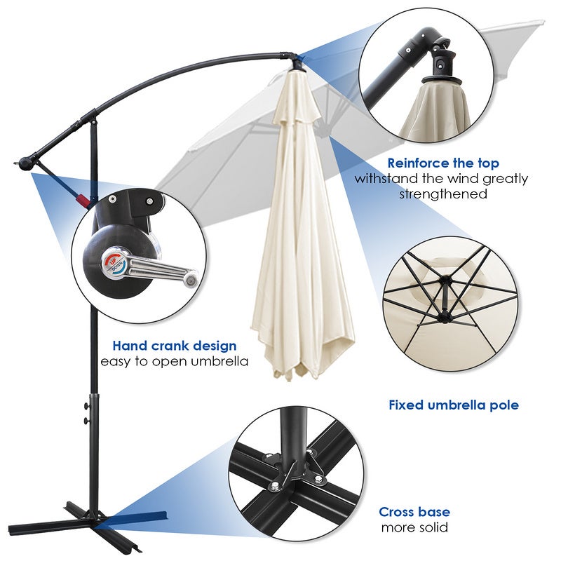 Parasol avec LED Grand Parapluie avec manivelle 360-Grad Drehbar um 360° drehbar pour terrasse, balcon Sonnenschutz, Beige - 4
