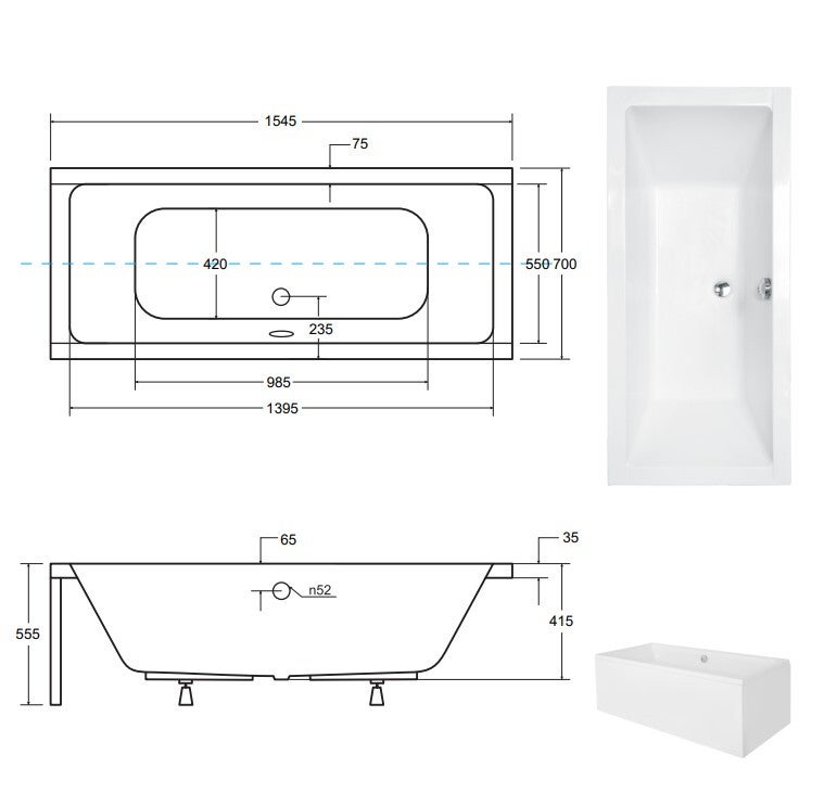 Baignoire rectangulaire blanc - avec Tablier - Repose Tête OFFERT - QUADRO - 155x70 - 4
