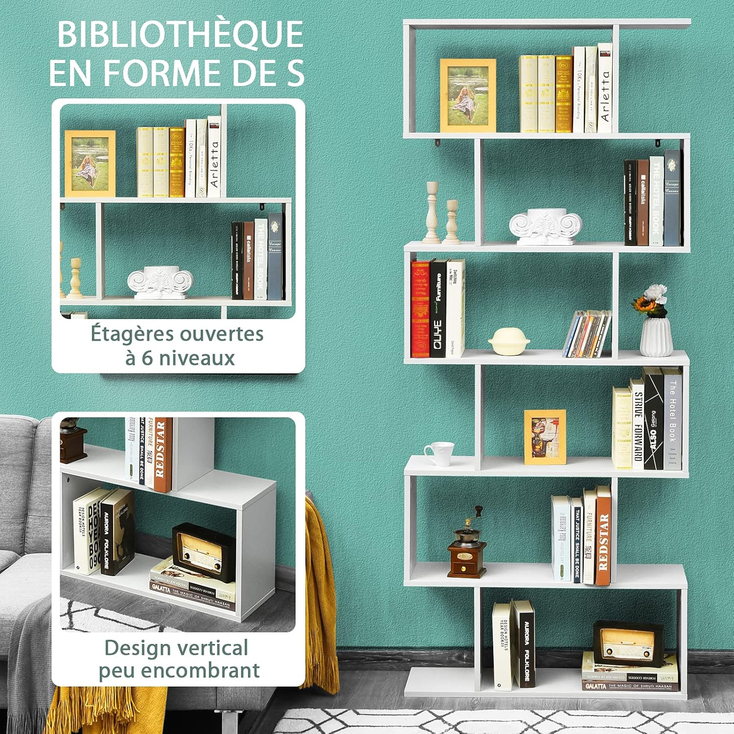 Biblioteka w kształcie litery „S” z 6 półkami, geometryczna półka o wysokości 191 cm, zestawy zabezpieczające przed przewróceniem, kolor biały - 3