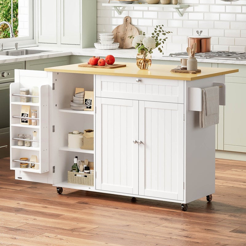 Îlot de cuisine mobile avec 1 tiroir,Chariot de cuisine avec plateau rabattable, Table de bar avec 3 étagères avec portes,Blanc 120×45-70×92 cm - 4