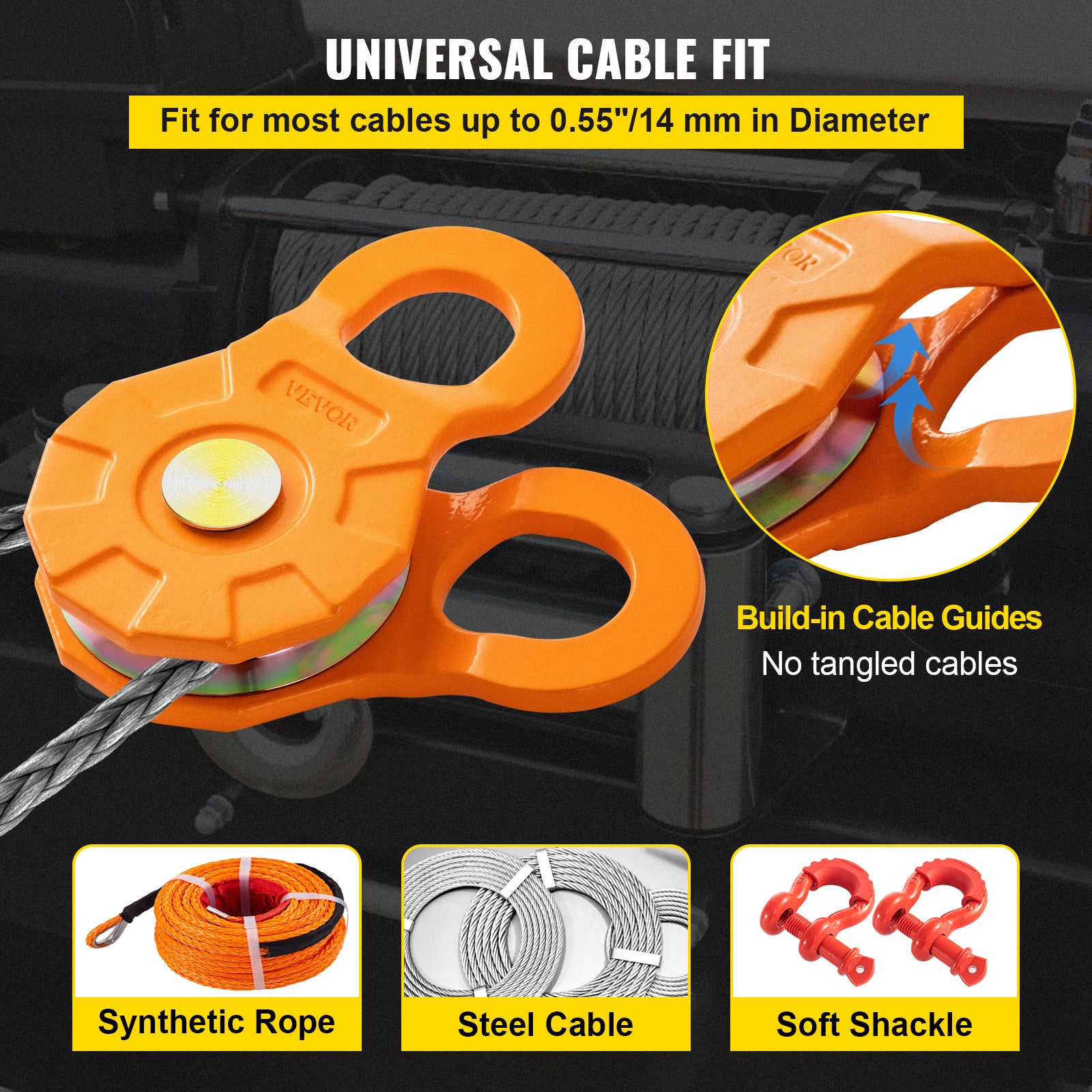 Poulie de Mouflage VEVOR Poulie de Deviation Treuil 2 Blocs Capacite de Charge 11 T, Poulie de Levage Guides de Cables Integres Corde Poulie en Acier - 5