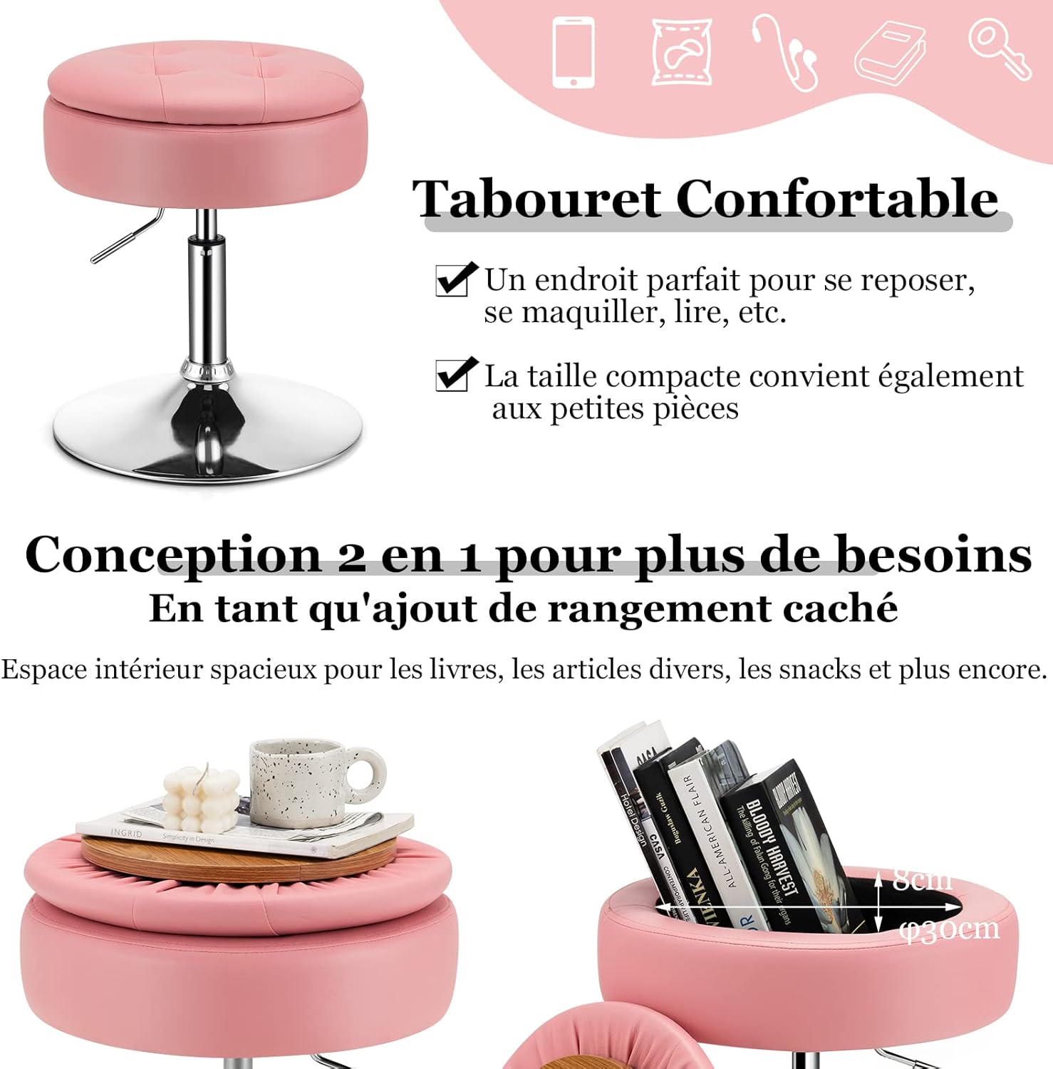 Taboret do Makijażu Obracany o 360°, Toaletki z Miejscem do Przechowywania, Wysokość Siedziska 51-66 cm, Okrągły, Nowoczesny (Różowy) - 6