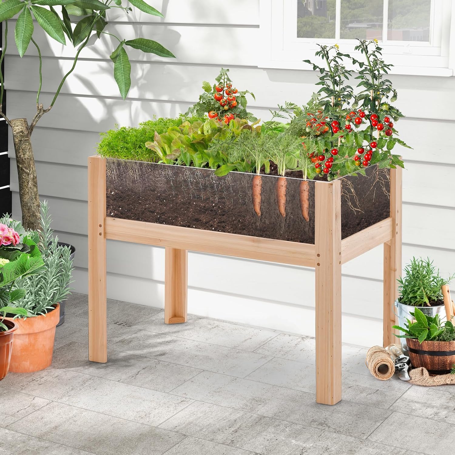 Carré Potager sur Pieds avec Panneau Acrylique, Lit de Jardin Surélevé en Bois, Trous de Drainage, Plates-Bandes Mobiles, 50L - 2