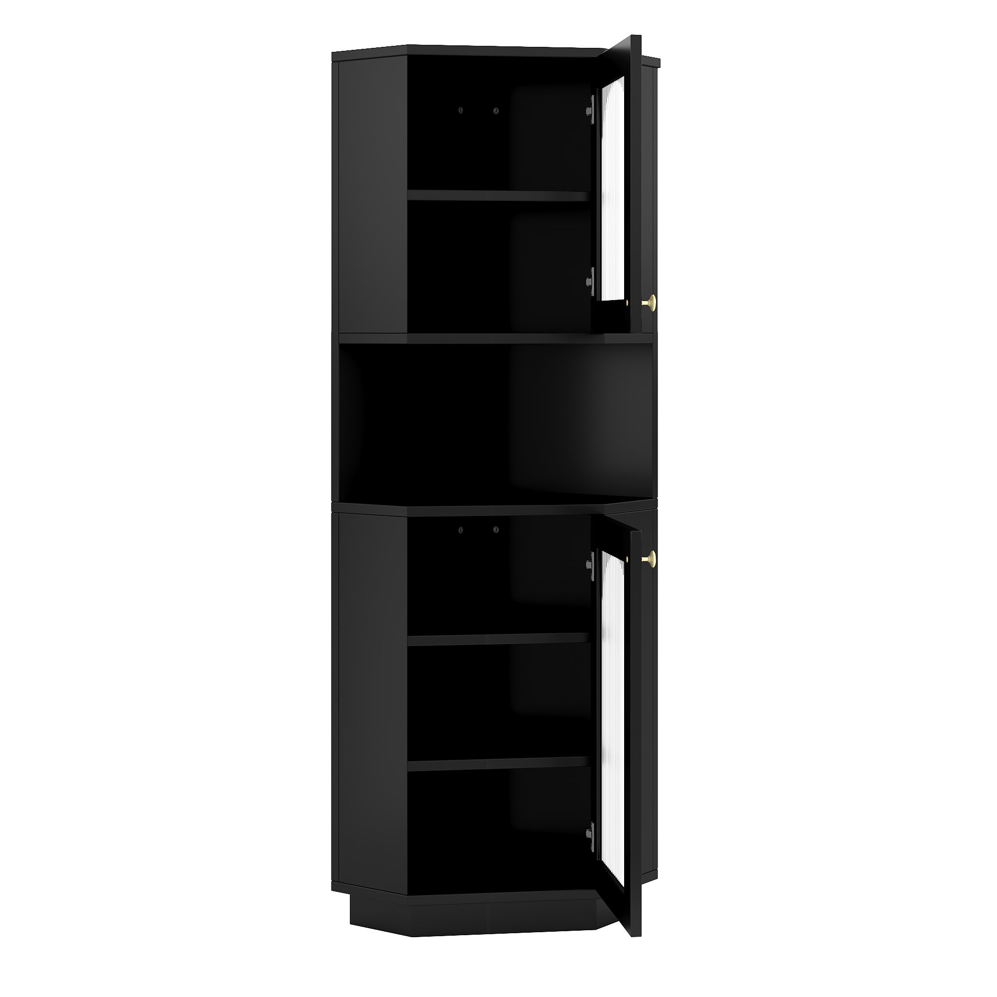 Narożna szafka łazienkowa z 2 drzwiami i 1 wnęką - 45 x 45 x 166,5 cm - Diody LED - MDF - Regulowane półki - Czarna - 7