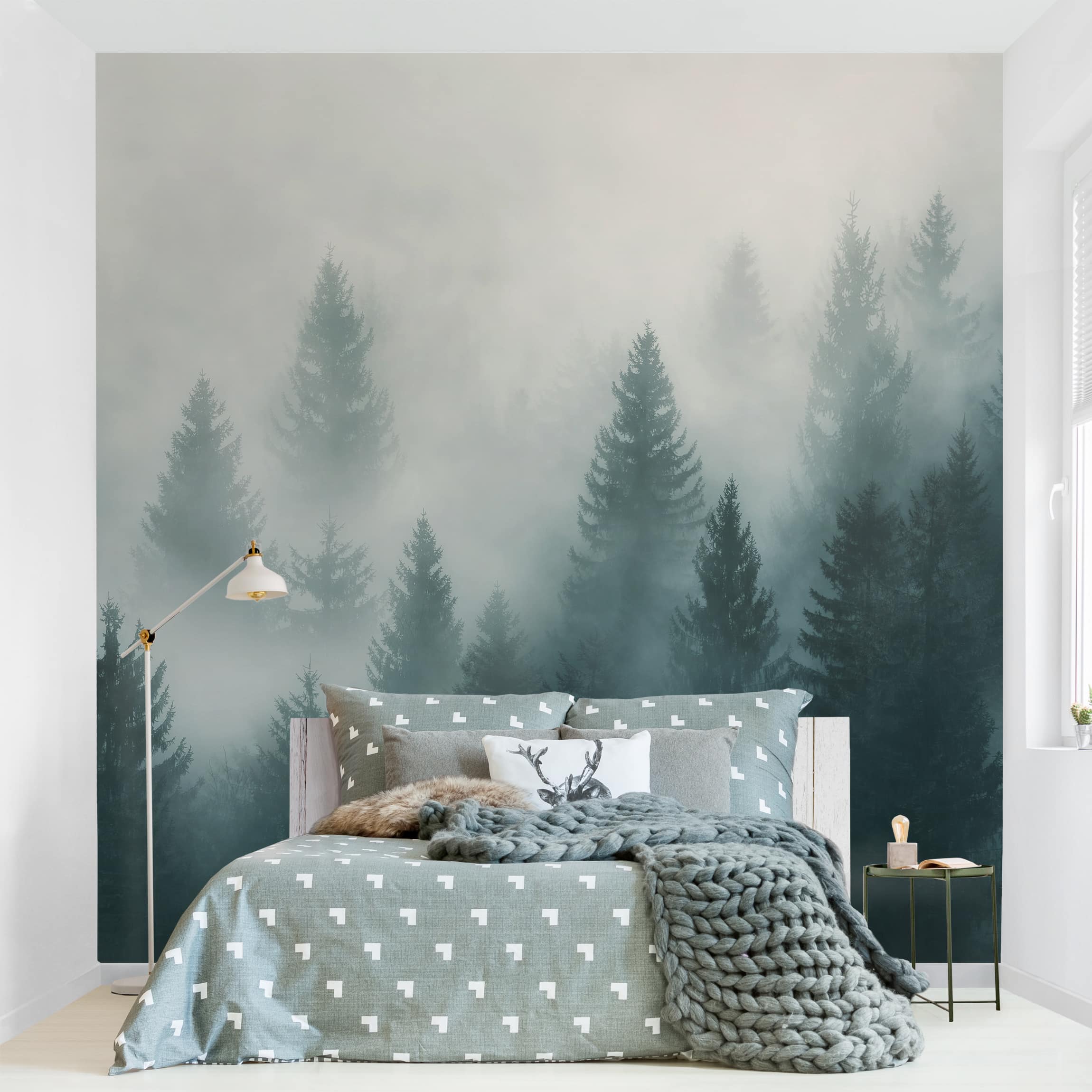Papel pintado fotomural naturaleza bosque de coníferas en la niebla 229 - salón dormitorio cocina - tnt 288 x 288 cm adhesivo