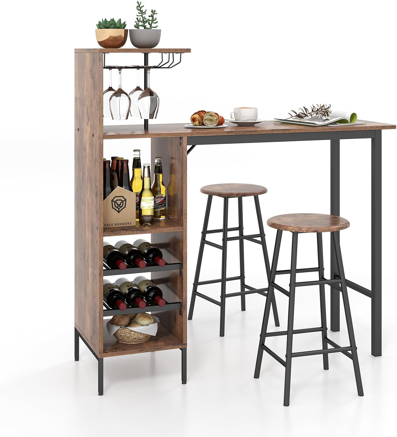 Stół barowy z taboretem barowym, zestaw 2 osób, stół barowy z uchwytami na kieliszki do wina i butelki, blat kuchenny do salonu, (kawowy)