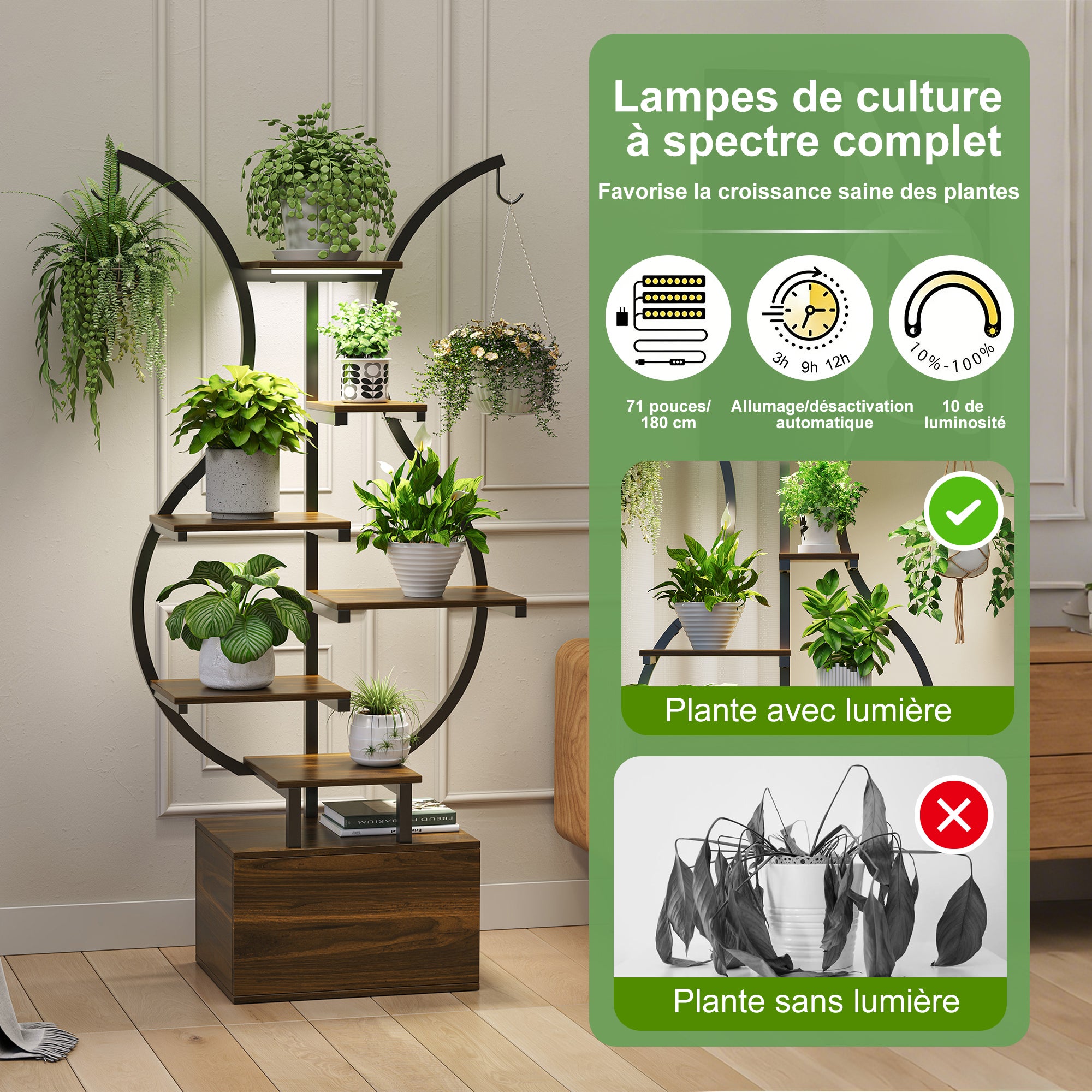Support pour Plantes D'intérieur avec Lampes de Croissance, étagère à 6 Niveaux, 142 cm de Haut, en Métal, Dispositif de Rangement Anti-renversement - 6