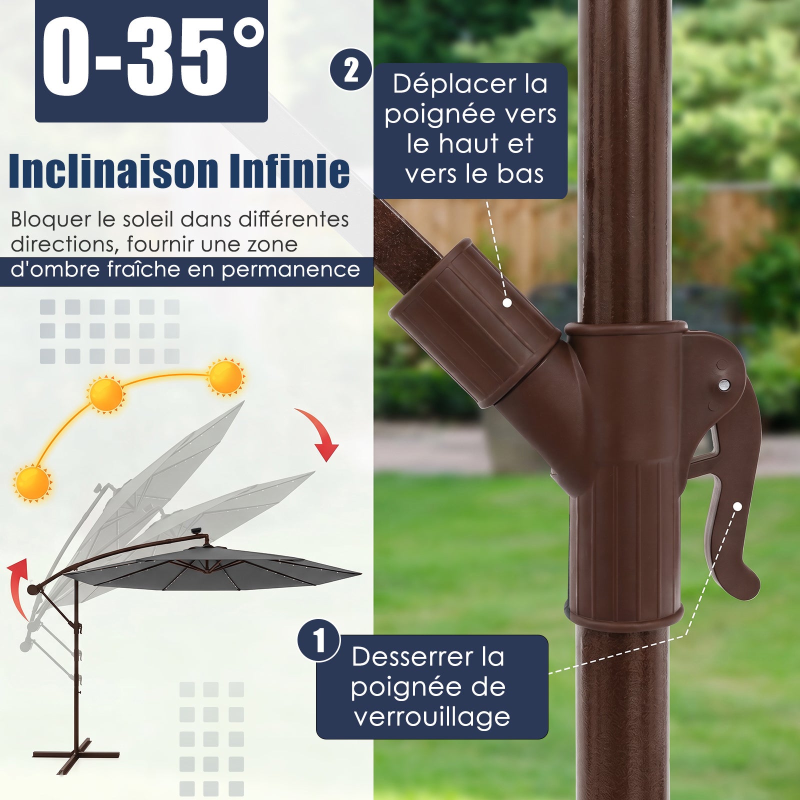Sombrilla voladiza 3M con luz LED, sombrilla de jardín de 8 varillas con base en cruz, sombrilla grande inclinable con manivela para patio y terraza - 6