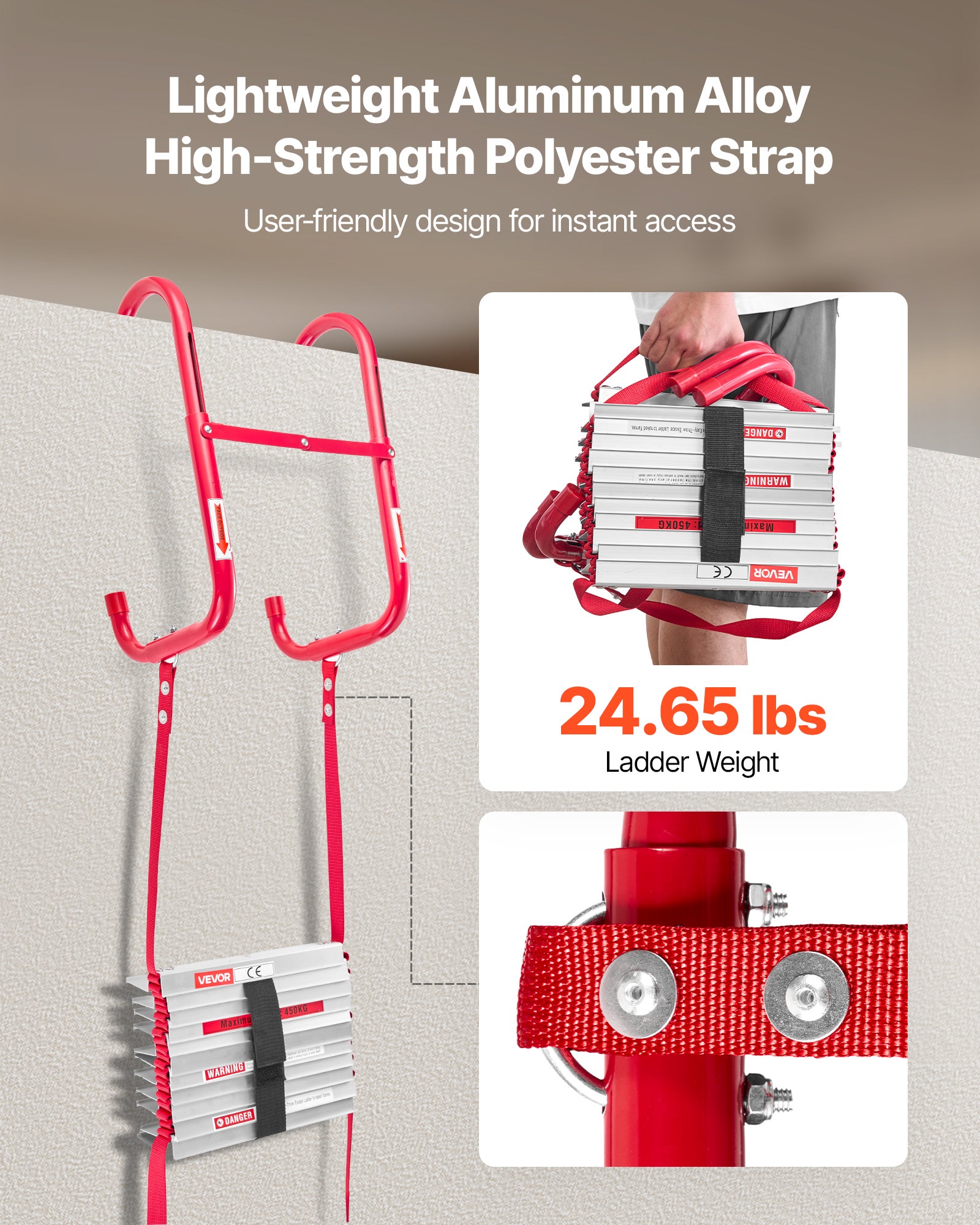 Échelle de Corde VEVOR 15,2 m, Échelle de Secours Incendie Rétractable 5 à 6 Étages en Alliage Aluminium, Capacité de Charge 453,6 kg, avec Sangle - 4