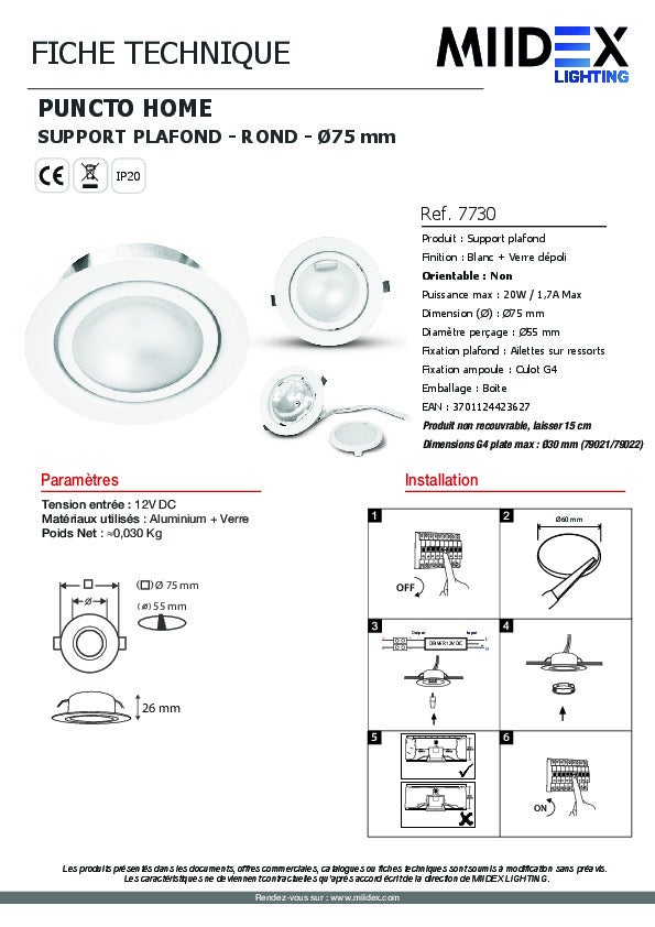 Support Spot G4 Rond – Aluminium Blanc – Ø75mm – Plafond – IP20 - 5