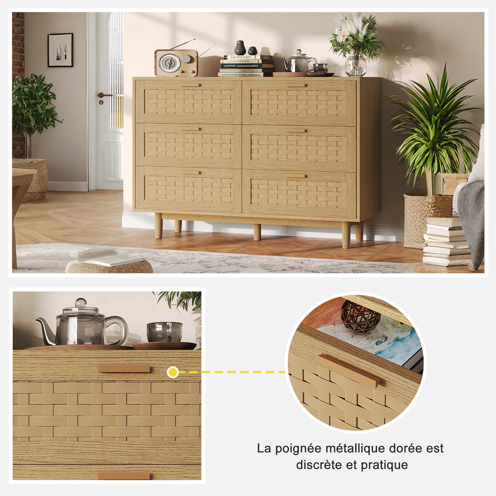 Armoire à tiroirs, Armoire de rangement en rotin - poignée en métal - 4 portes - Chambre à coucher, couloir, salon, chêne/noir - 7