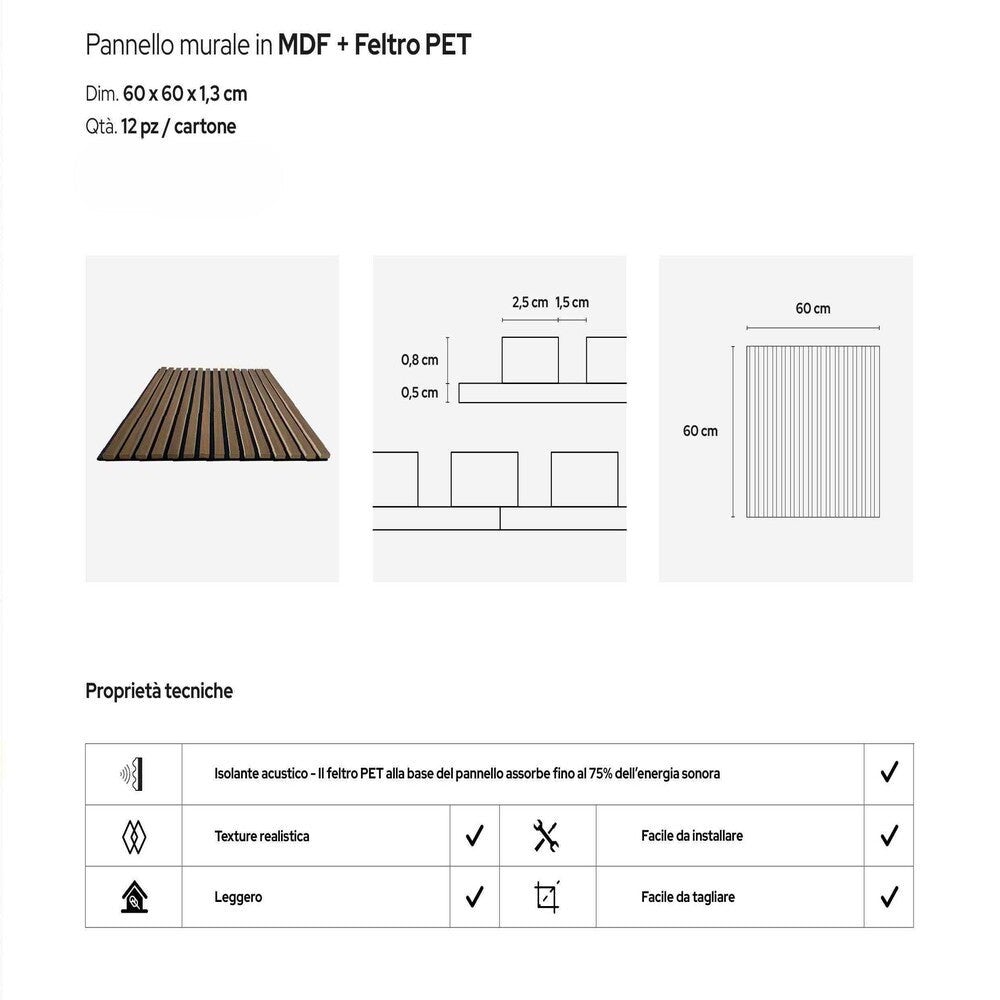 Painel decorativo de ripas em MDF com feltro PET, conjunto de 12 peças 60x60 cm, revestimento de parede com absorção acústica, cor nogueira clara - 5