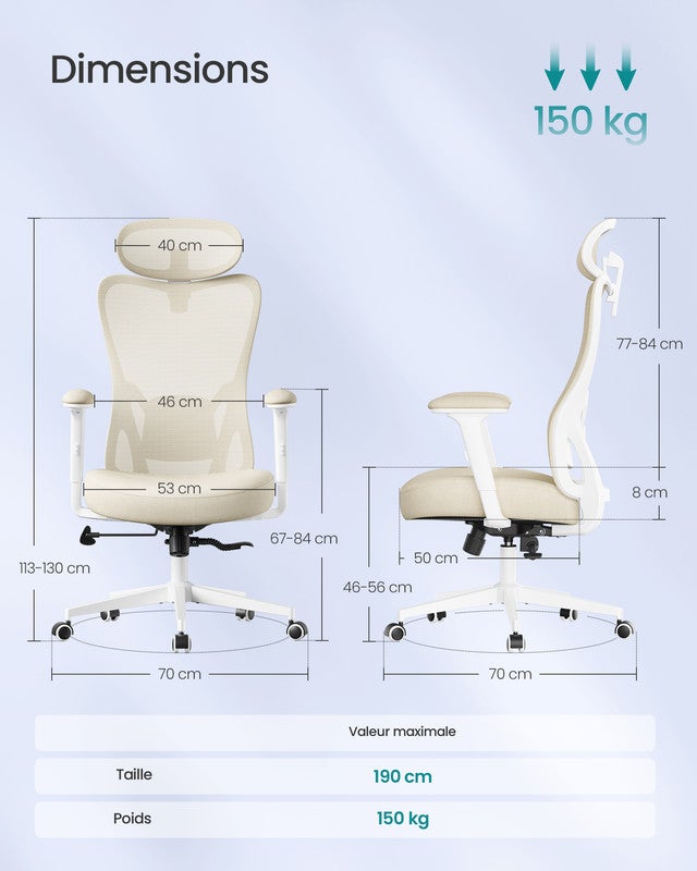 Chaise de Bureau Ergonomique, Fauteuil de Bureau, Appui-Tête et Soutien Lombaire Réglables, Supporte Jusqu’à 150 kg, Hauteur Réglable, Beige Sable - 5