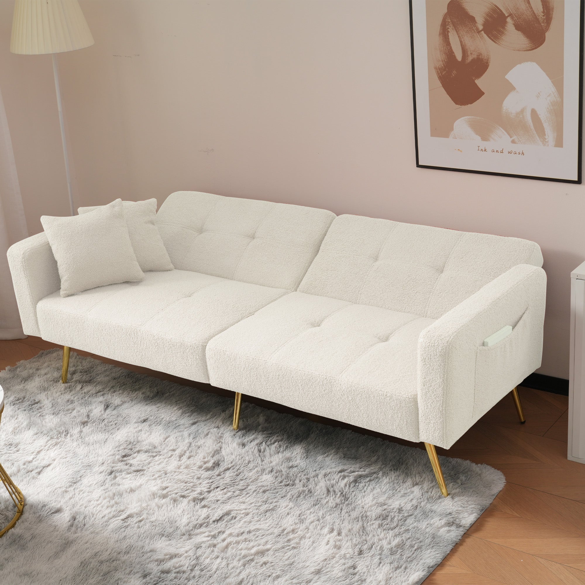 Divano letto trasformabile a 2 posti in tessuto Sherpa - 175 x 64 x 72 cm - Gambe in metallo dorato - Bianco - 6