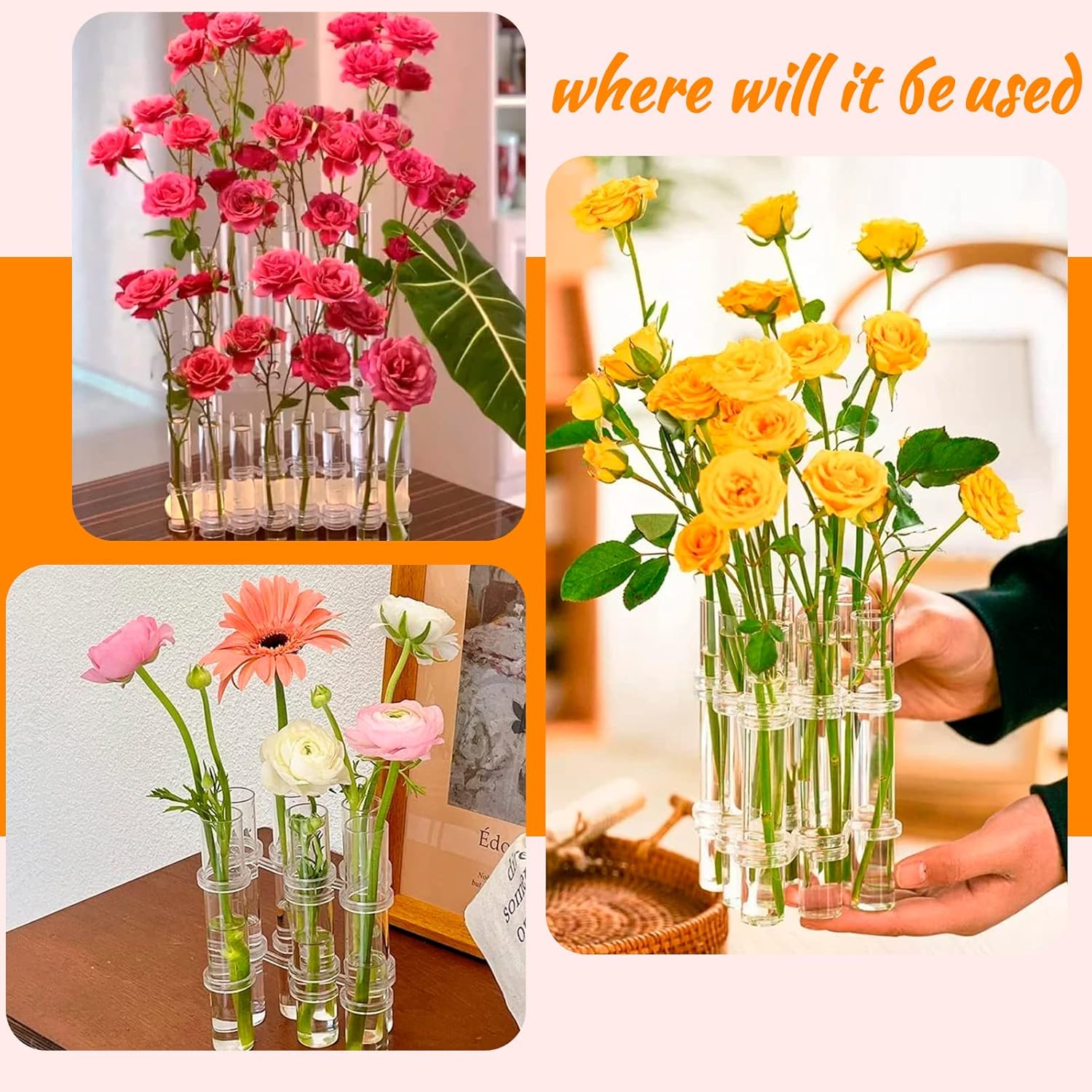 Lot de 6 tubes à essai en verre transparent pour vase à fleurs à charnière, pour décoration intérieure - 5
