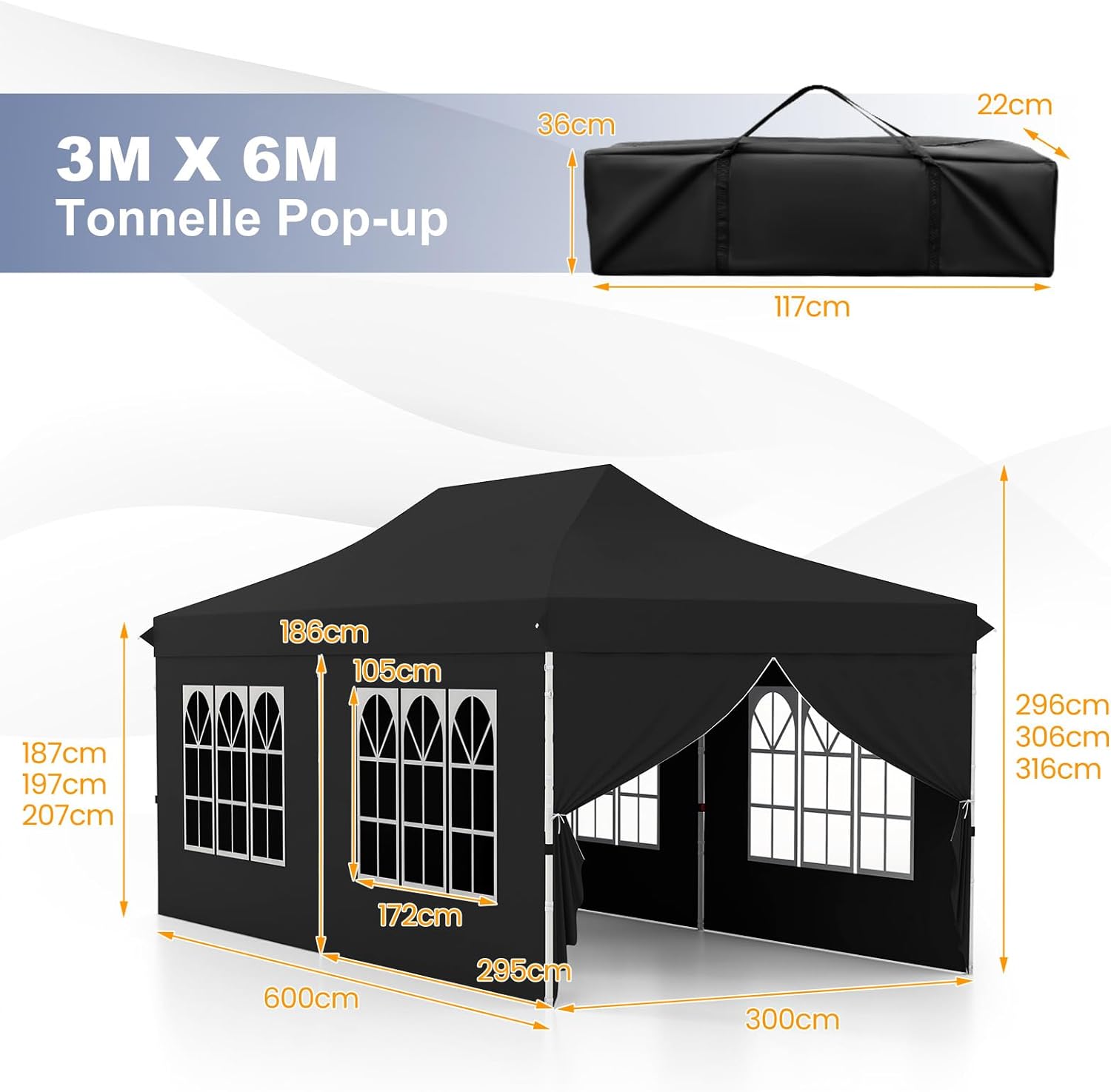 Tonnelle de Jardin 3x6M Tente de Reception avec 6 Parois Latérales Amovibles, Sac de Transport Protection Solaire pour Fête Mariage BBQ, Noir - 3