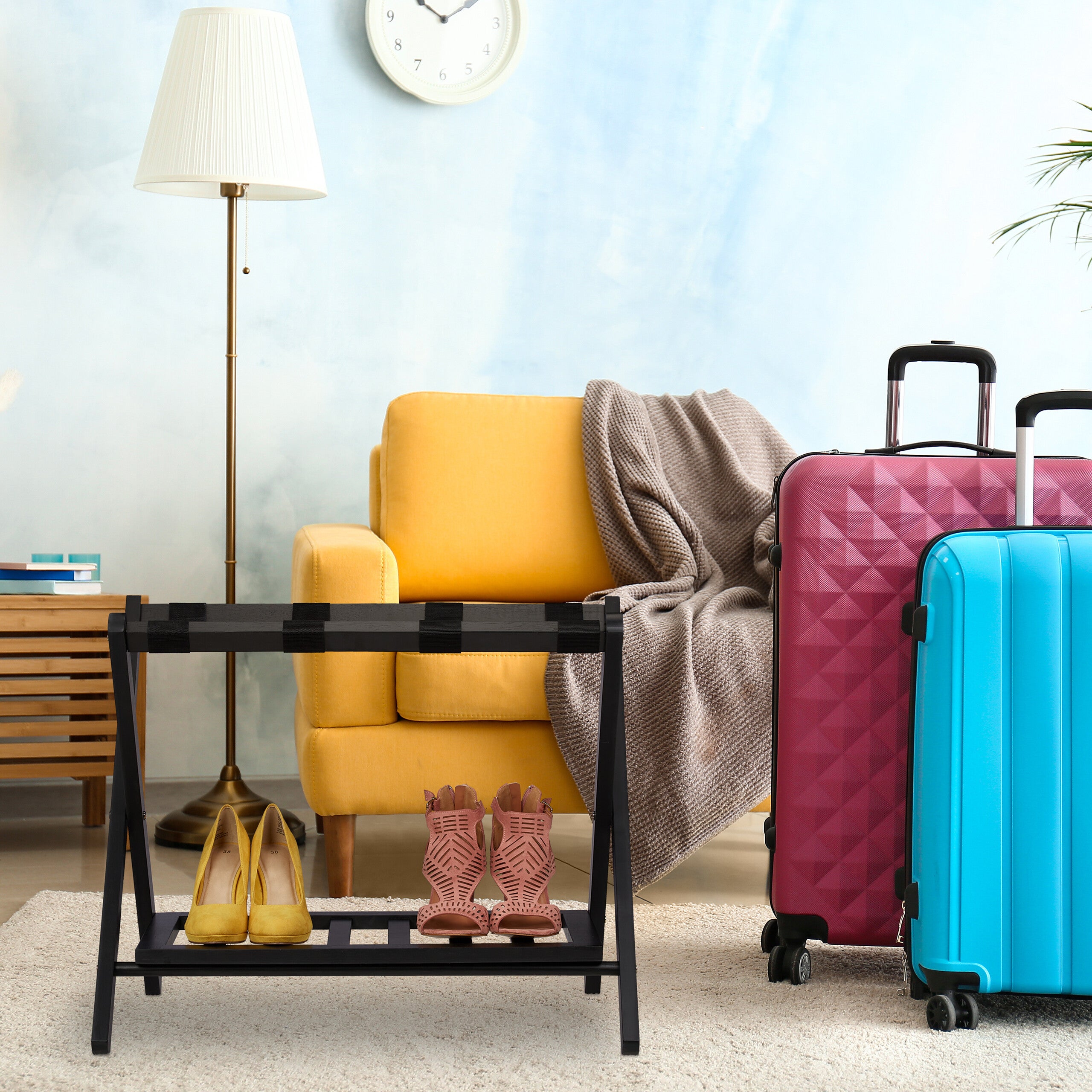 Portavaligie Pieghevole In Legno - Set Da 2, Reggivaligia Per Hotel, Fino A 30 Kg, Nero - Foto 6