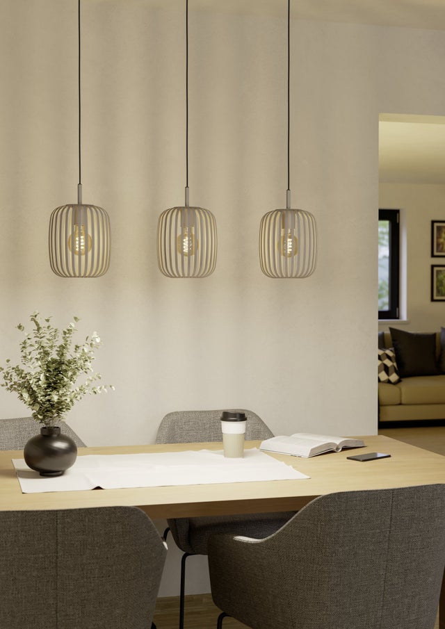 Lampadario moderno Romazzina, a 3 luci in linea, per sala da pranzo, cucina, soggiorno, rotonda, in metallo color sabbia, E27 L77 H110 cm - EGLO