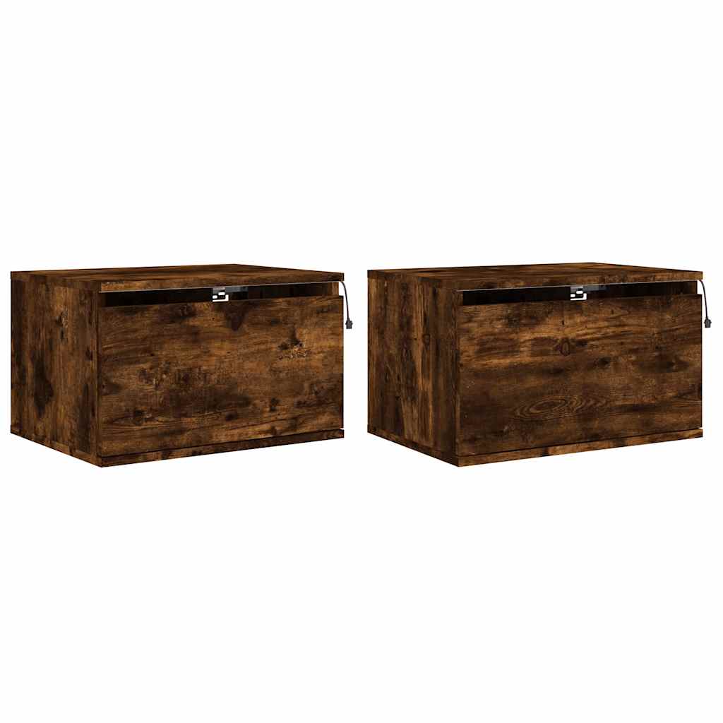 Mesitas de noche - Mesilla de pared con luces LED 2 uds roble ahumado ...