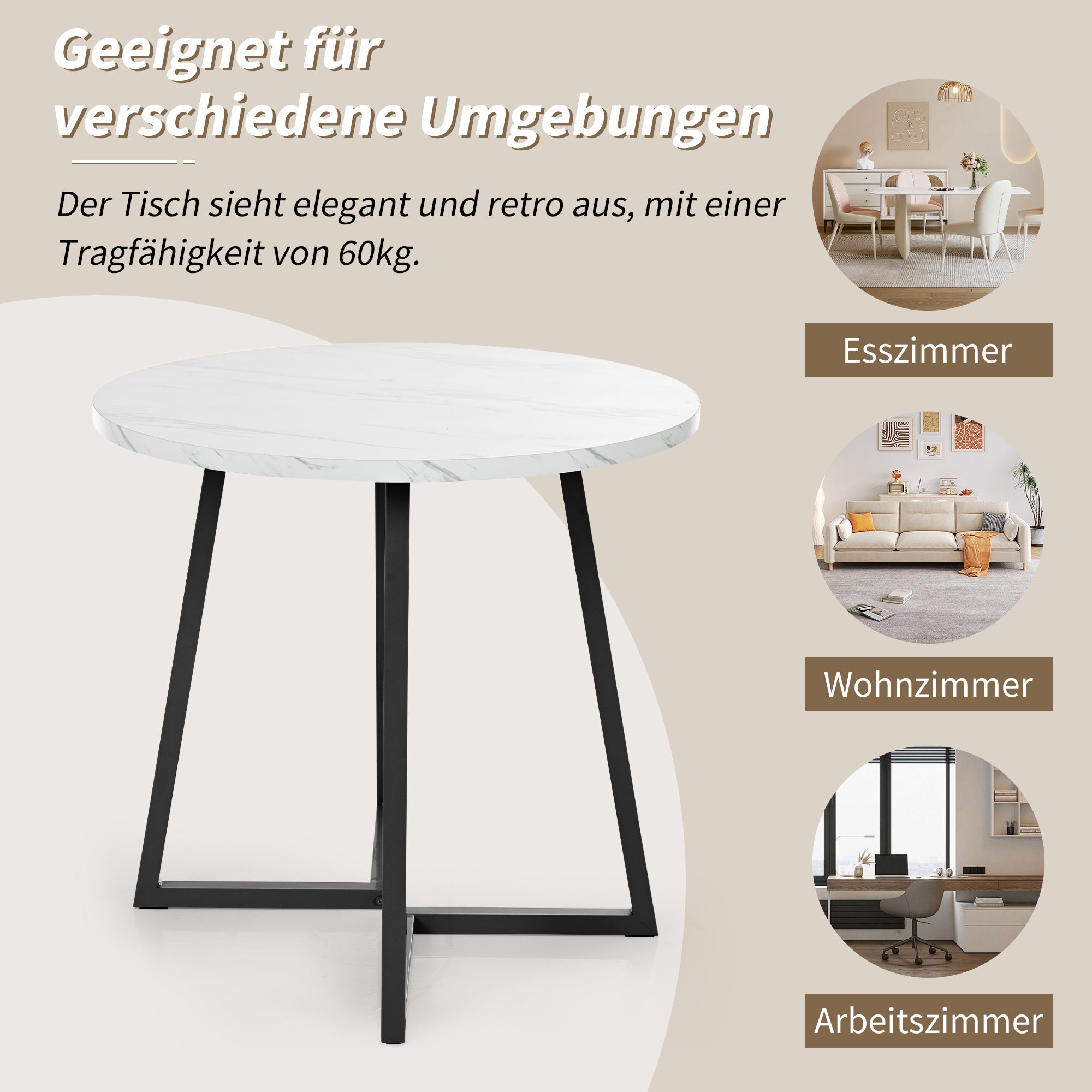 Okrągły stół jadalny - D 80 x W 75 cm - Nogi z płyty MDF i metalu - Blat z efektem marmuru - Biały - 3