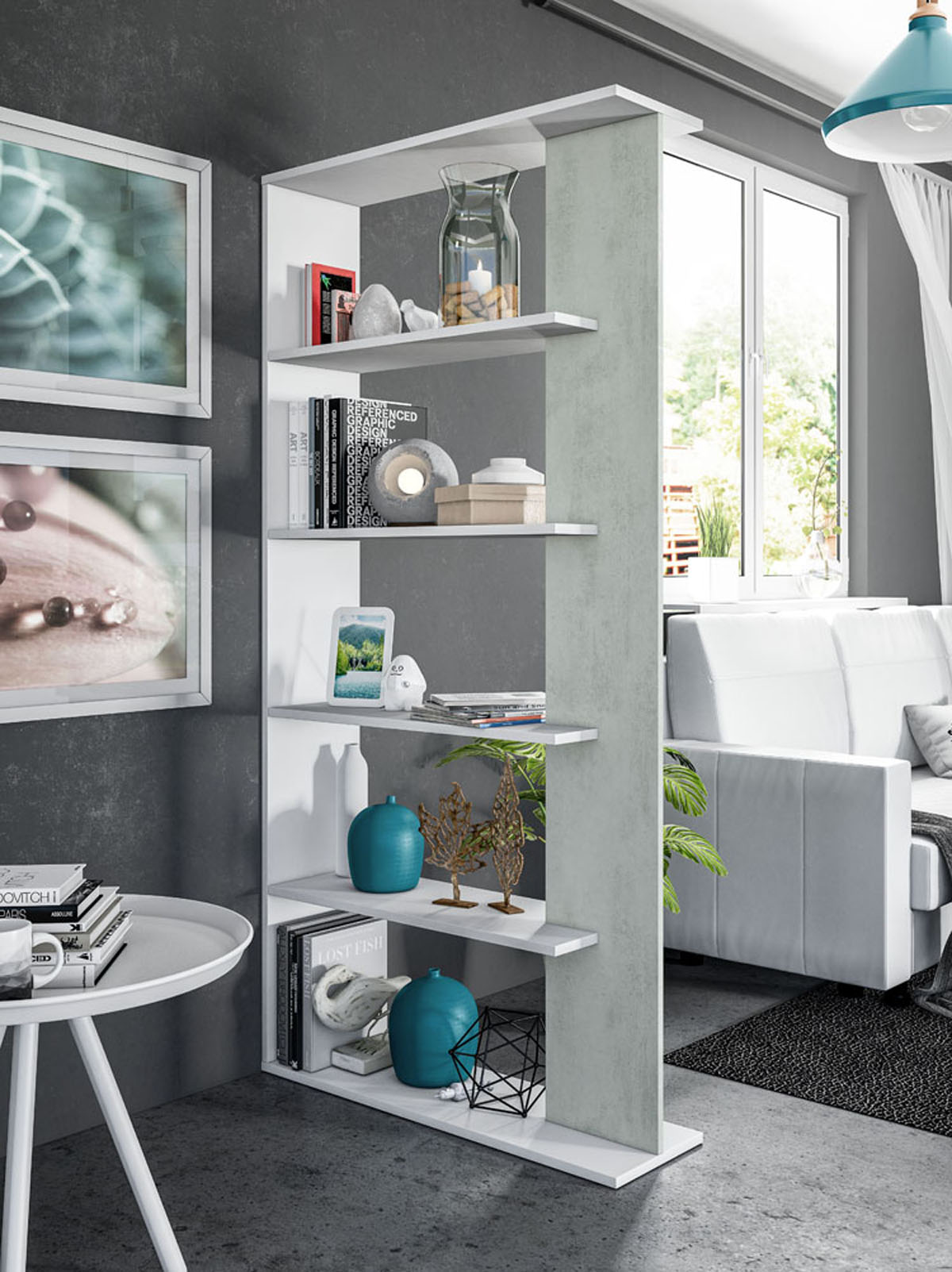 Bibliothèque avec 5 étagères coloris Blanc / Ciment en mélamine - Dim: 180 x 90 x 25 cm - 5