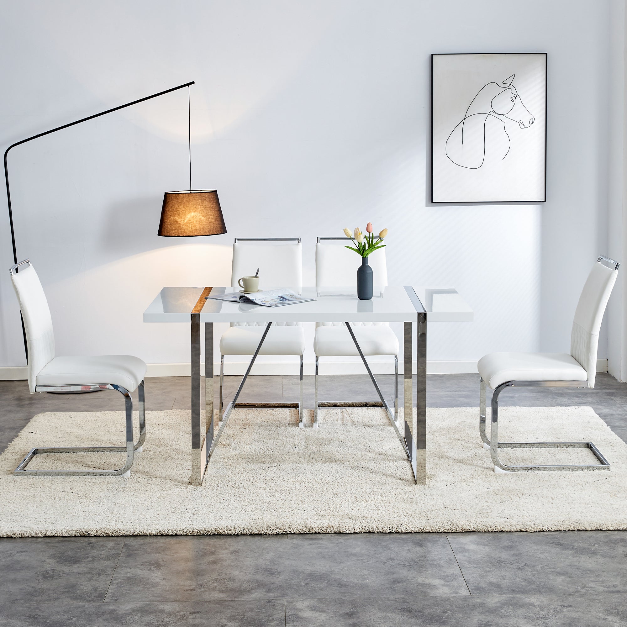 Set Di 4 Sedie Da Pranzo Con Schienale Alto, Rivestite In Lino A Quadri, Cuscino Spesso 4,5 Cm, Base In Metallo, Grigio - 2