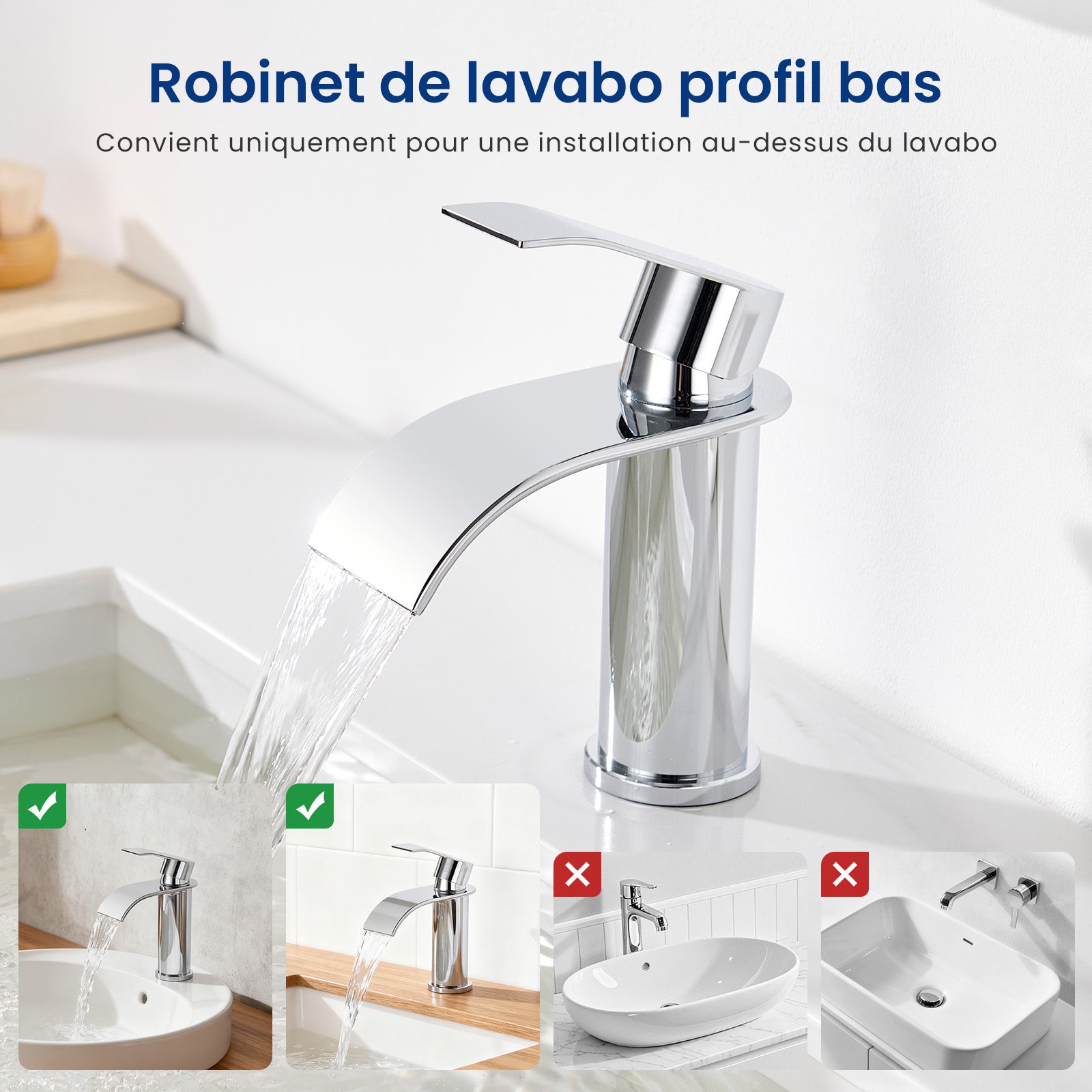 Robinet de lavabo et vasque Ronde Mitigeur de lavabo Chrome Mitigeur lavabo Acier inoxydable Robinet salle de bain en cascade - 5