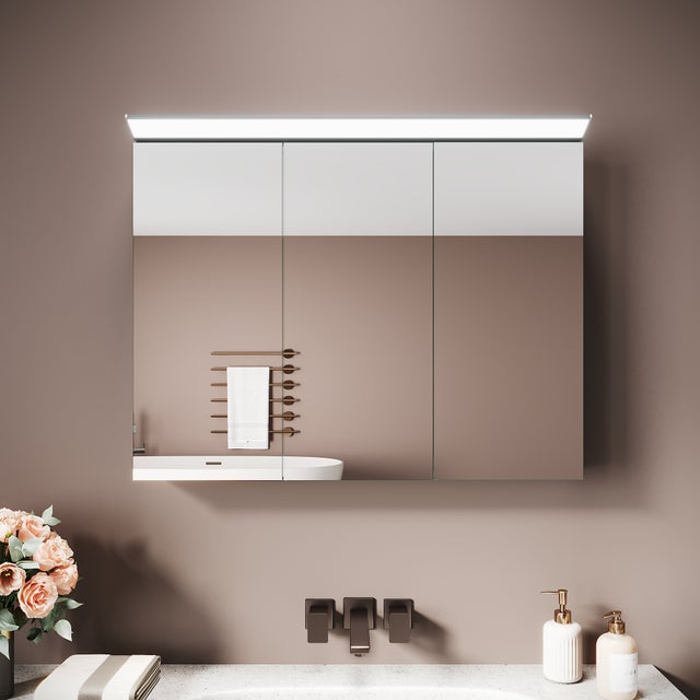 SIRHONA Armoire Miroir Inox 3 Portes 80x60x12cm,&nbsp;Éclairage Supérieur LED Amovible, Design sans Câbles Internes, Grande Capacité - Argent