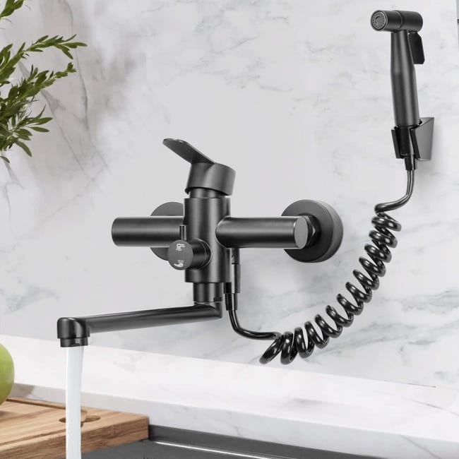 Rubinetto Da Cucina A Parete Con Pistola A Spruzzo - Girevole 360°, Acciaio Inox, Doppio Getto - Foto 5