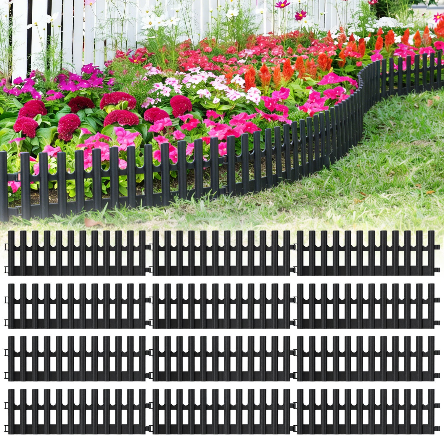 Obramowanie ogrodowe – zestaw 12 elementów 43 x 13 cm – łącznie 5,2 metra – ogrodzenie rabatowe z elastycznego tworzywa sztucznego – antracyt
