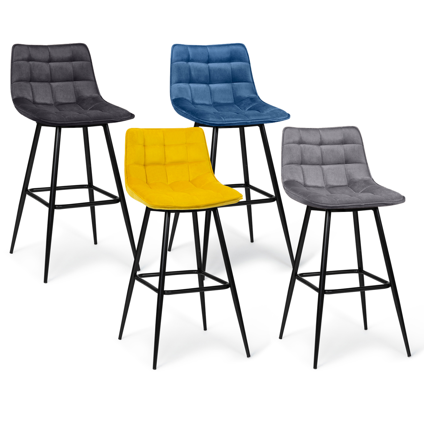 Lot de 4 tabourets de bar MADY en velours mix color bleu, gris clair, gris foncé, jaune - 2