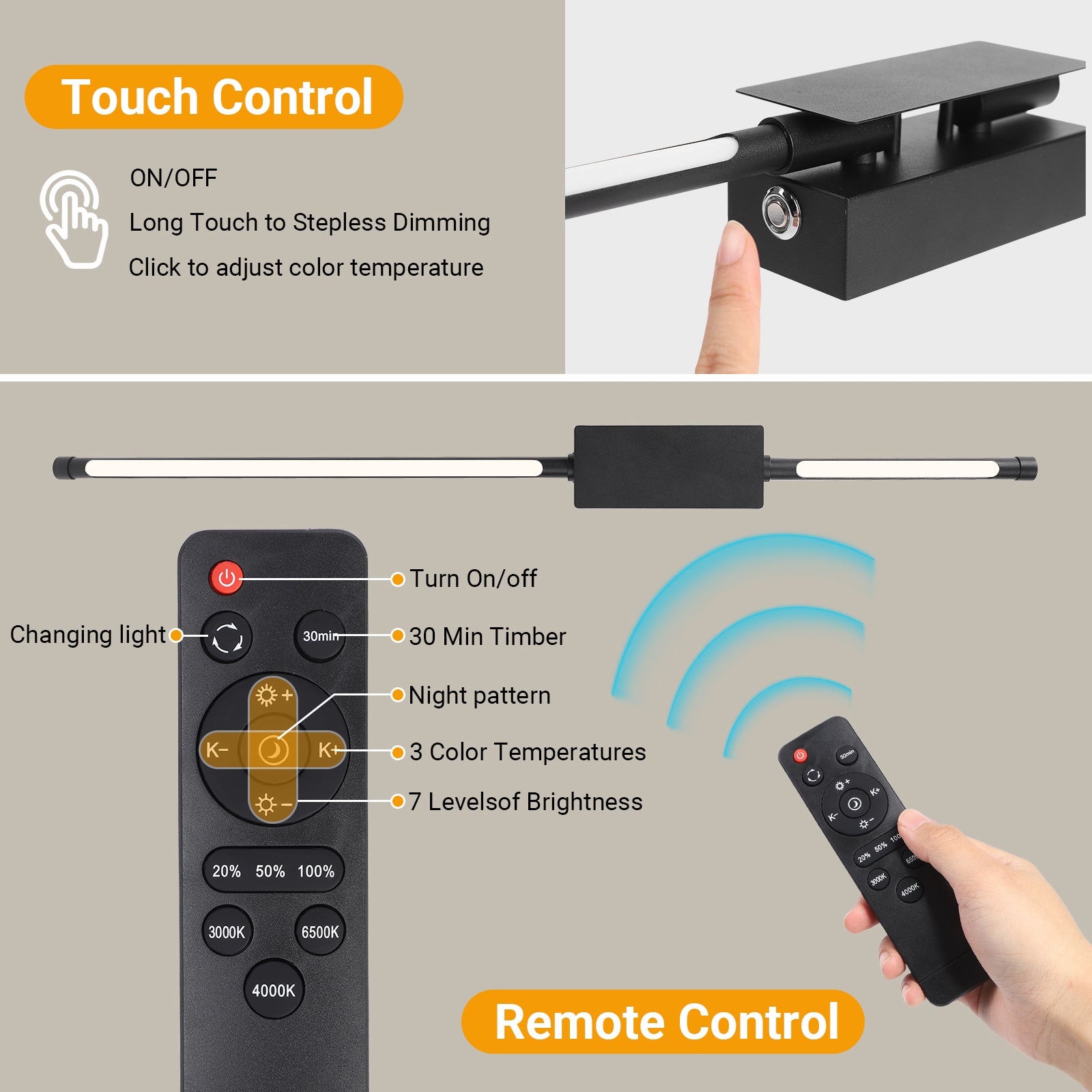 Bezprzewodowa Lampa Ścienna Wnętrz Z Pilotem I Przełącznikiem Dotykowym, 2 Pack 5000mAh LED Lampa Ścienna Ładowana USB 3 barwy światła, Timer 71CM - 3