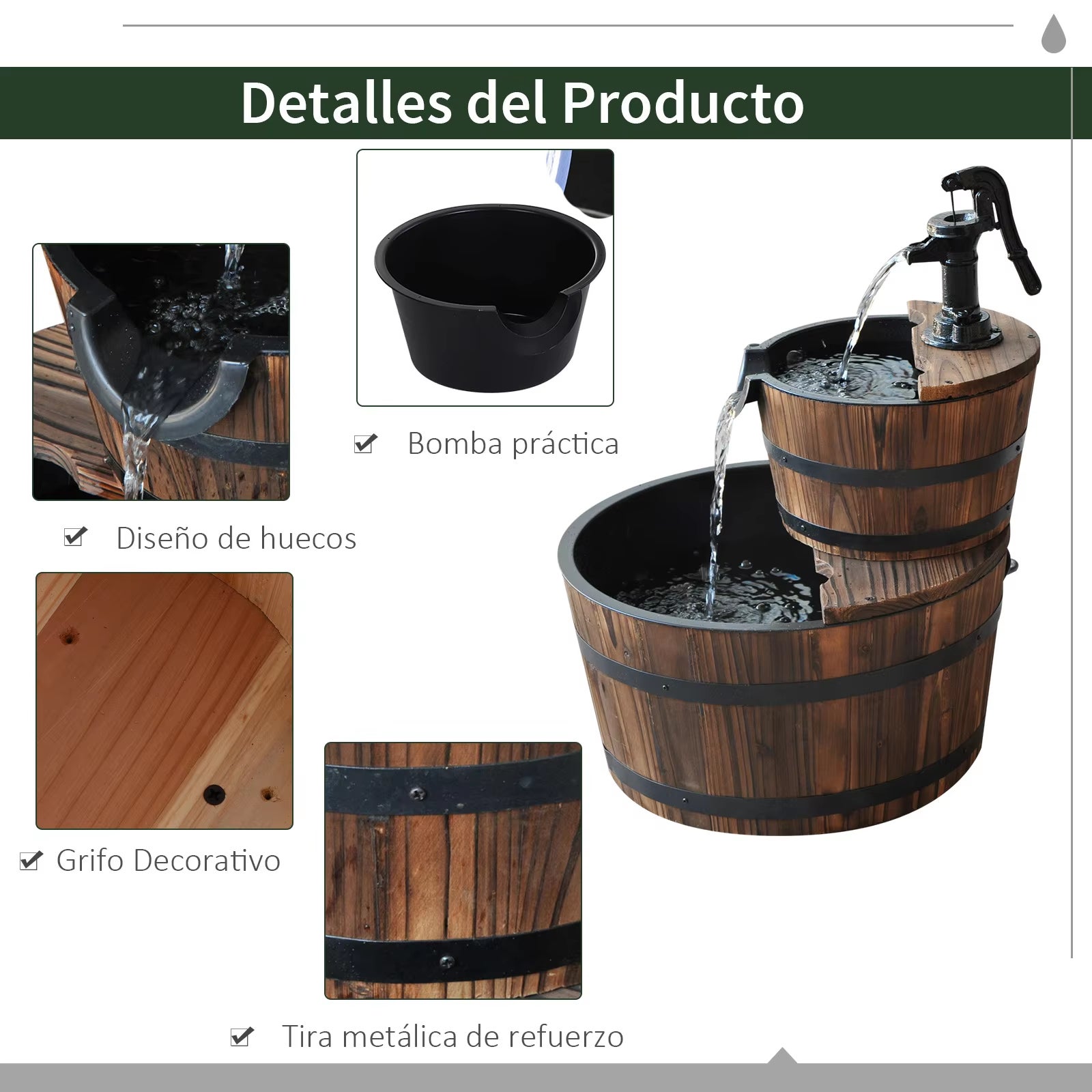 AUTRUCKER Fonte em Cascata de 2 Níveis com Bomba Elétrica — Fonte em Formato de Barril para Decoração de Jardins, Pátios e Quintais - 4