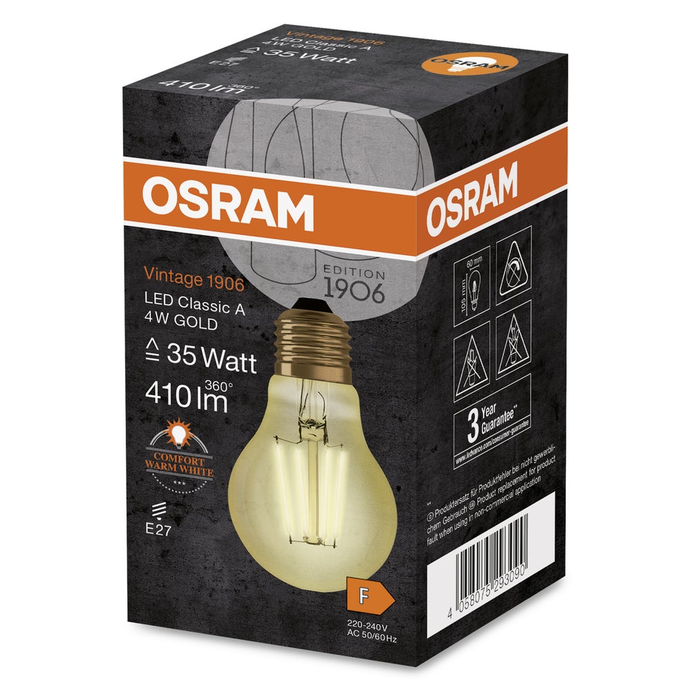 Osram Vintage 1906 LED E27 Poire Filament Dorée 4W 410lm - 824 Blanc Très Chaud | Équivalent 40W - 3