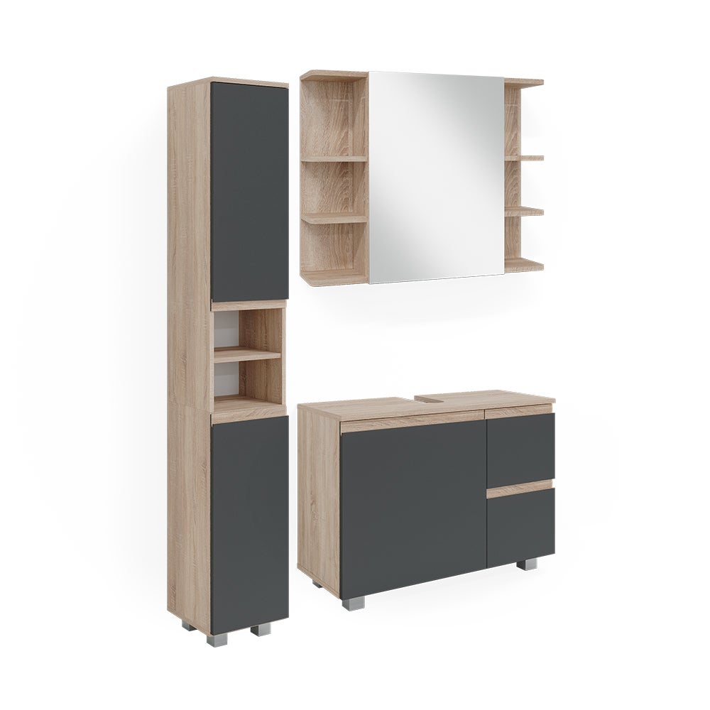 Vicco Zestaw mebli łazienkowych J-Shape, Sonoma, 3 części, z wysoką szafką