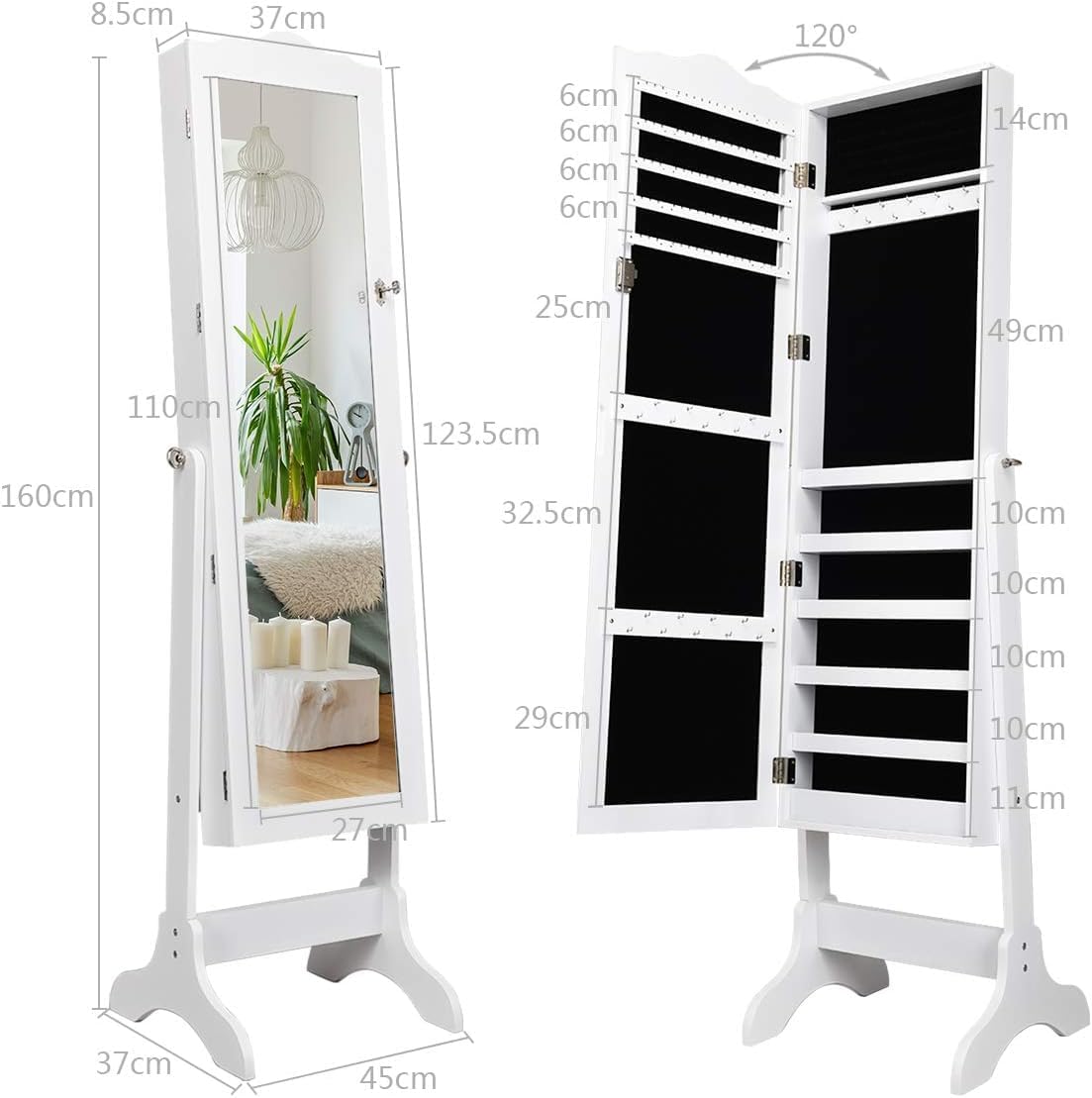 Armoire à Bijoux avec Miroir Réglable, Armoire à Bijoux sur Pieds, Organiseur de Bijoux Verrouillable, Armoire de Rangement avec Miroir, Blanc - 5