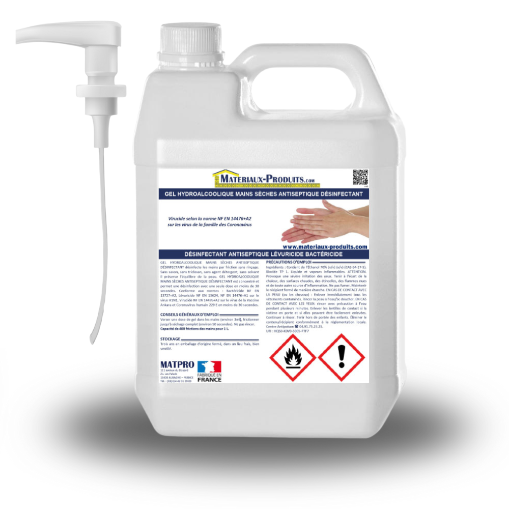 Gel hydroalcoolique mains sèches antiseptique décontaminant Bidon de 5 L  livré avec une pompe Cologne - MATPRO