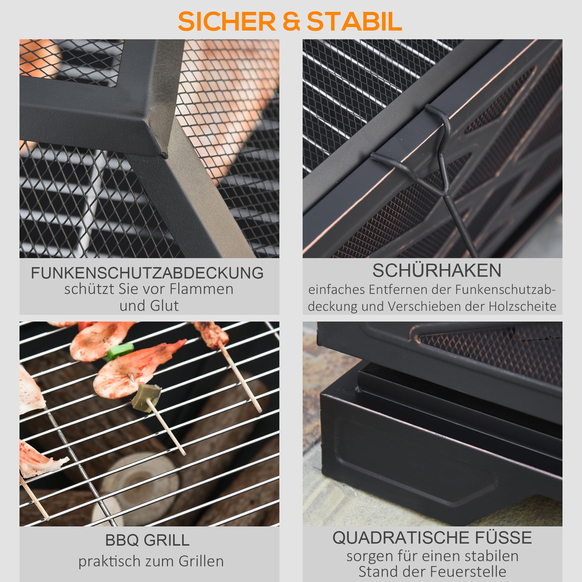 Brasero con protección contra chispas, cesta para brasero con rejilla y atizador, parrilla para barbacoa 2 en 1, metal, negro, 66 x 66 x 66 cm - 5