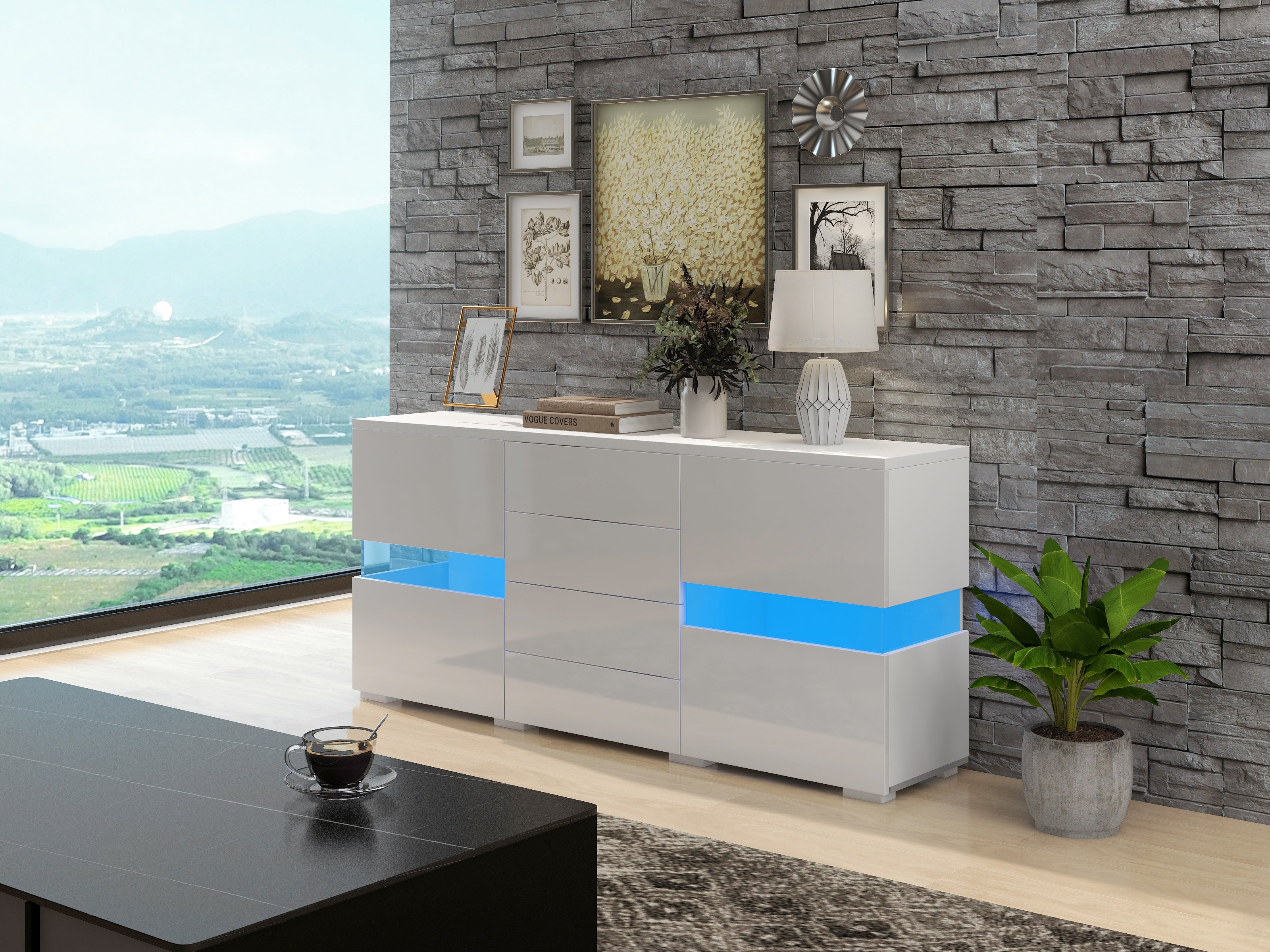 Komoda niska z 4 szufladami i 2 drzwiami - 145 x 35 x 72 cm - LED - do jadalni lub salonu - MDF - biała - 4