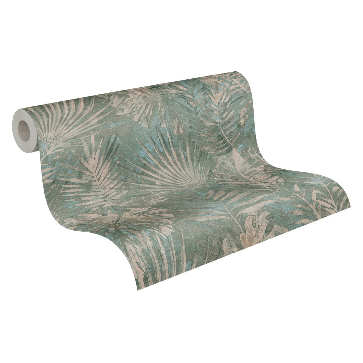 Tapeta tropikalne liście zielonym,niebieskim,beżowymIpetrol blue - 53 cm x 10.05 m - A.S. CRÉATION