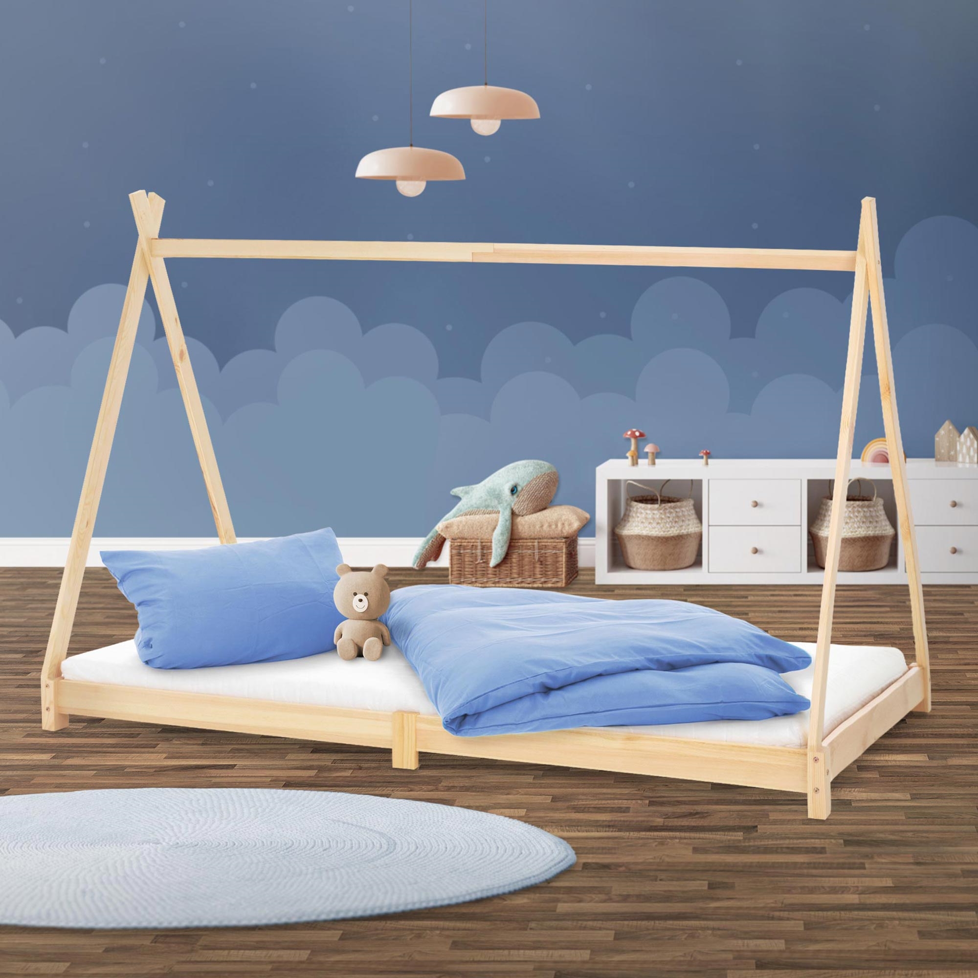 ML-Design łóżko tipi 90x200 cm naturalne z ramą listwową w stylu indianskim wykonane z drewna sosnowego dla chłopców i dziewczynek łóżko młodzieżowe