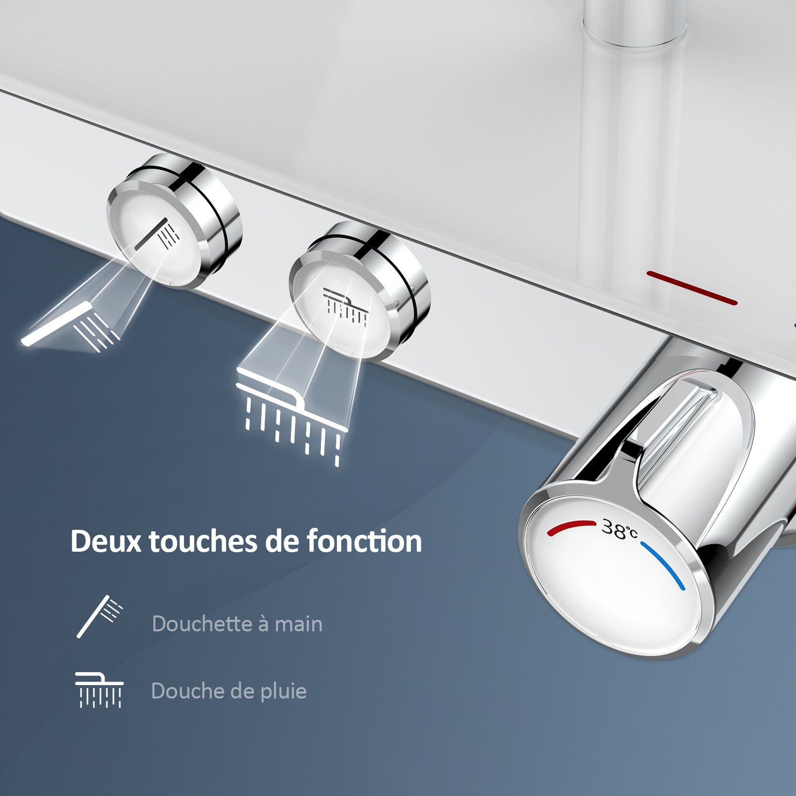 EMKE Colonne de douche thermostatique 38℃, douche de pluie carrée, douchette à main 3 jets, hauteur réglable avec tablette en verre, finition chromée - 3