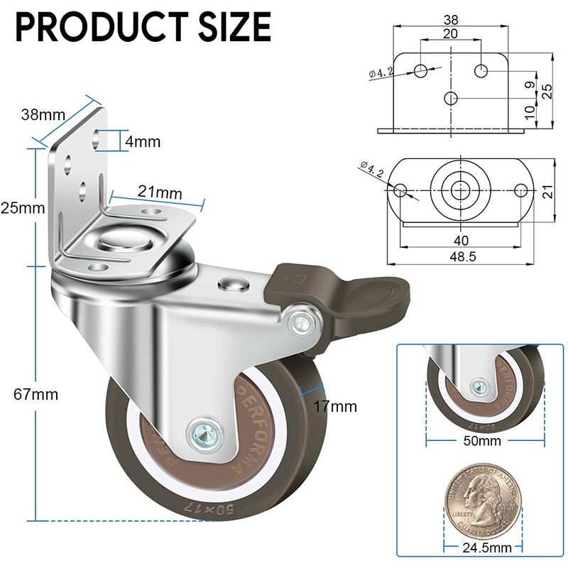 Zestaw 4 kółek obrotowych o średnicy 50 mm (2 z hamulcem, 2 bez hamulca), o udźwigu do 100 kg, typu L, z hamulcem i możliwością obrotu o 360°, dla ła - 2