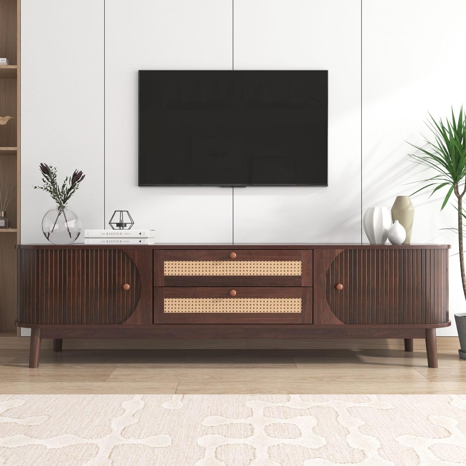 Meuble TV 170 cm en Bois Massif et Rotin, Meuble TV Bas avec 2 tiroirs et 2 portes coulissantes - Marron - 3