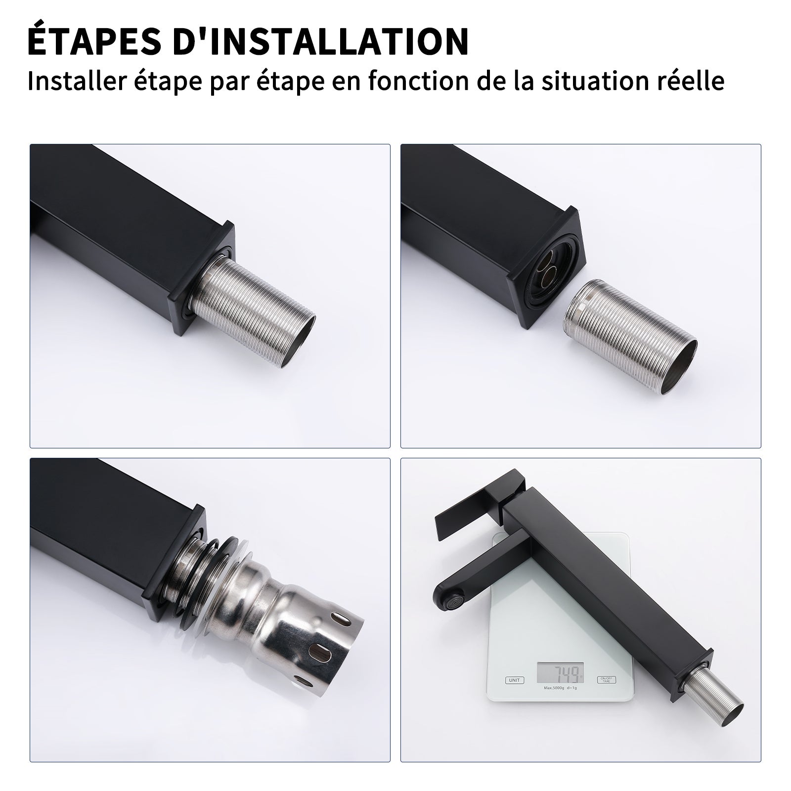 Mitigeur Salle de Bain Noir avec Bec Haut Robinet de Lavabo Pour Vasque à Poser Robinetterie Lavabo avec Poignée Carré en Inox - 8