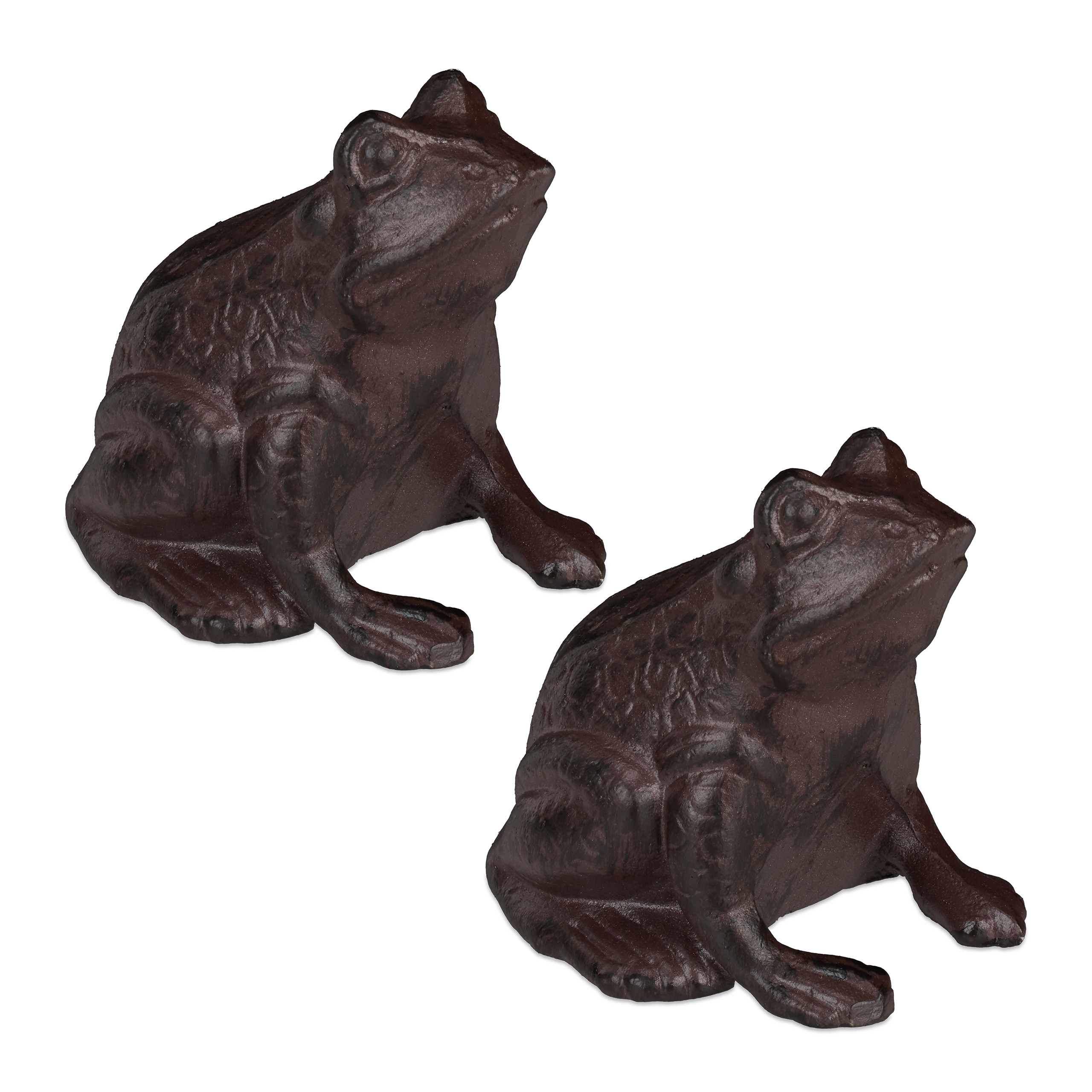 2 figuras decorativas de jardín, rana, sentada, resistente, decoración de exterior, hierro fundido, marrón