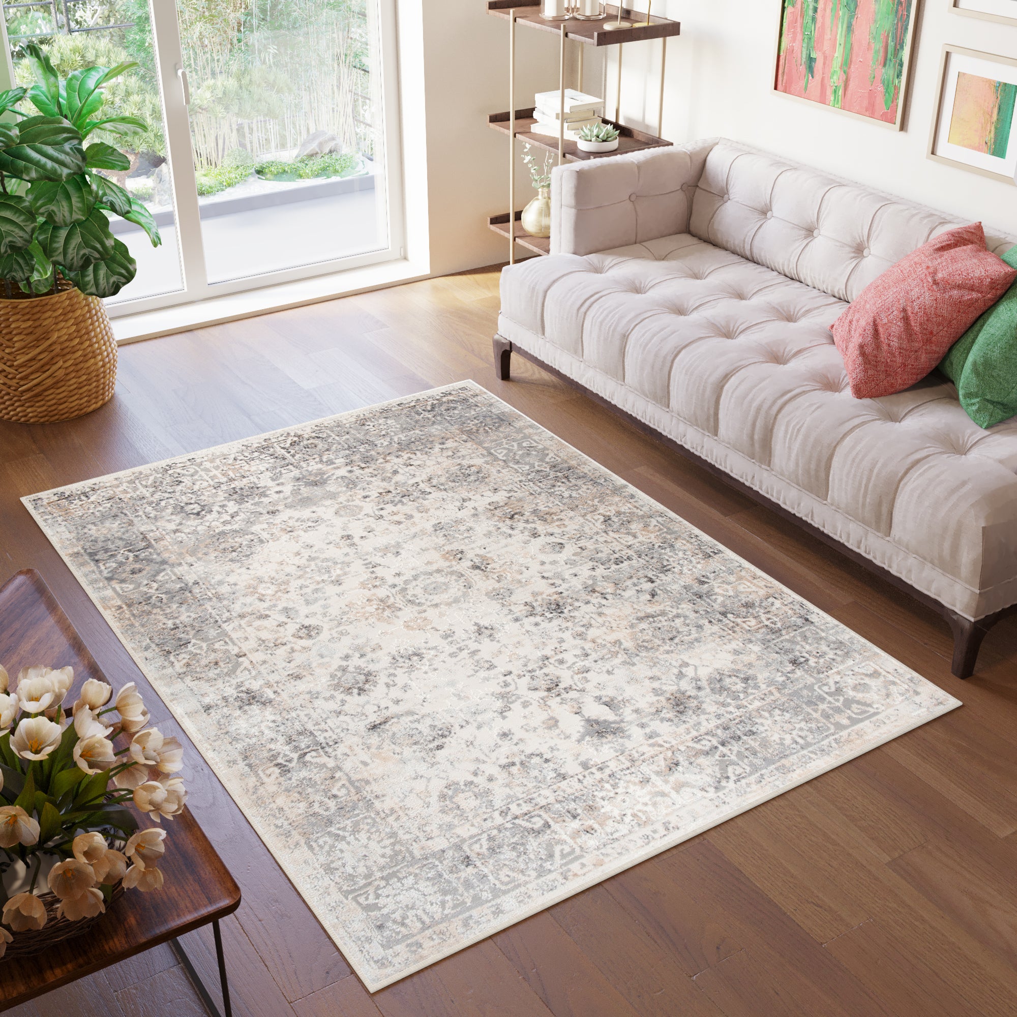 TAPISO Valley Tapis Salon Chambre Vintage Beige Gris Floral Doux 200x300 - 6
